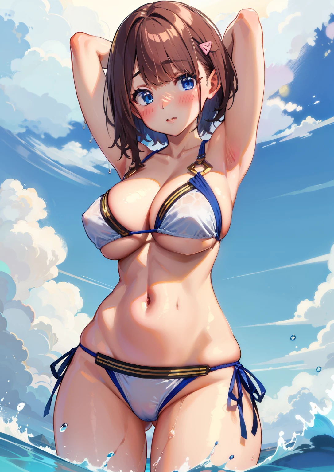 high-level image quality、Best Quality、1girl in、large boob、cute  face、perfect body、The bikini、the beach、Brown hair、Medium hair、blue eyess、Hitoyo、wetted skin、blush、arms behind head、flank、looking at viewer