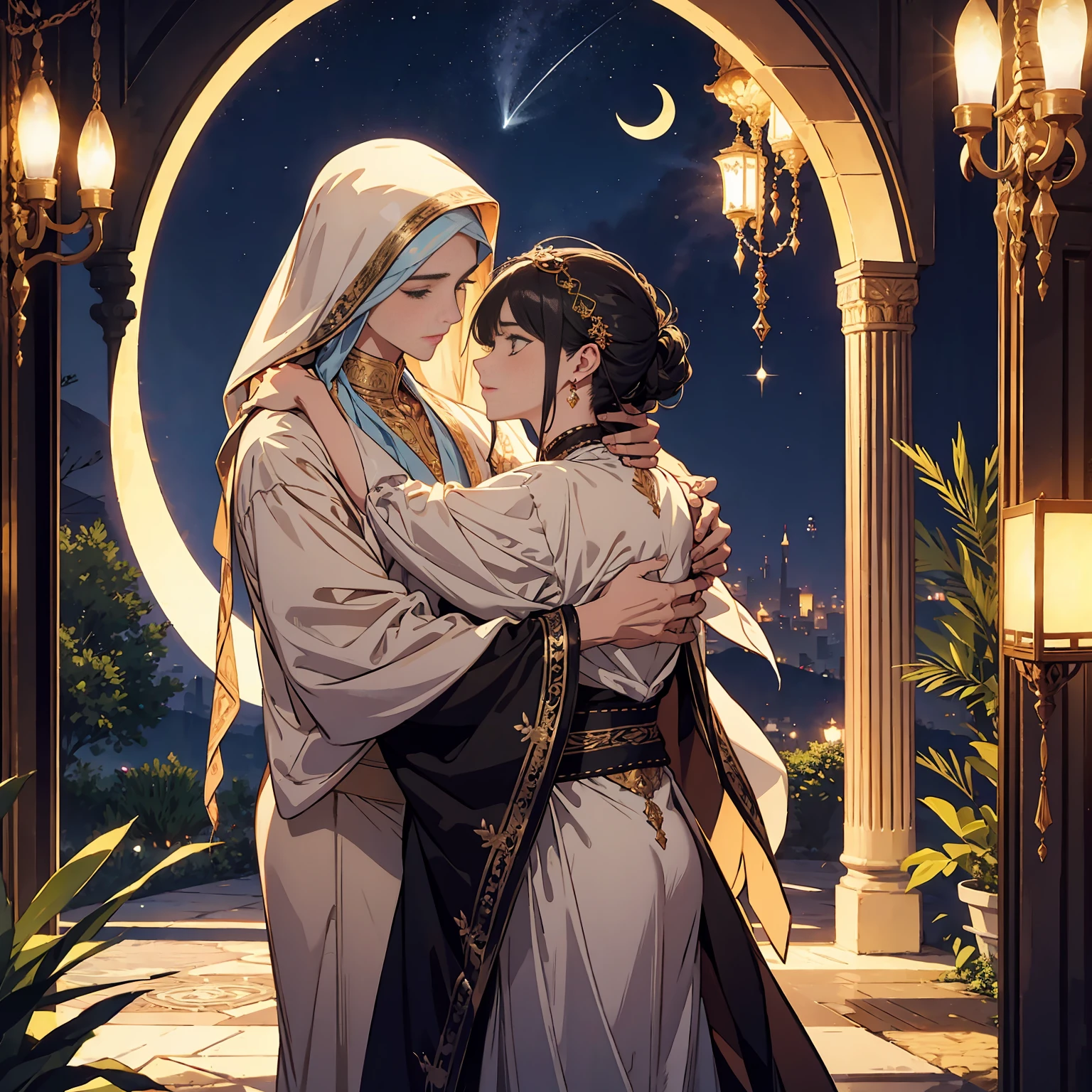 A romantic villa with an atmosphere reminiscent of the Arabian Nights.、There is a garden with luxurious decorations and roses.。ina、Rin々A tall young man and a cute little girl are happily hugging each other.。pure、A crescent moon and a galaxy shine in the night sky.、The golden landscape of the desert is spreading。A lyrical scene is spreading throughout.。