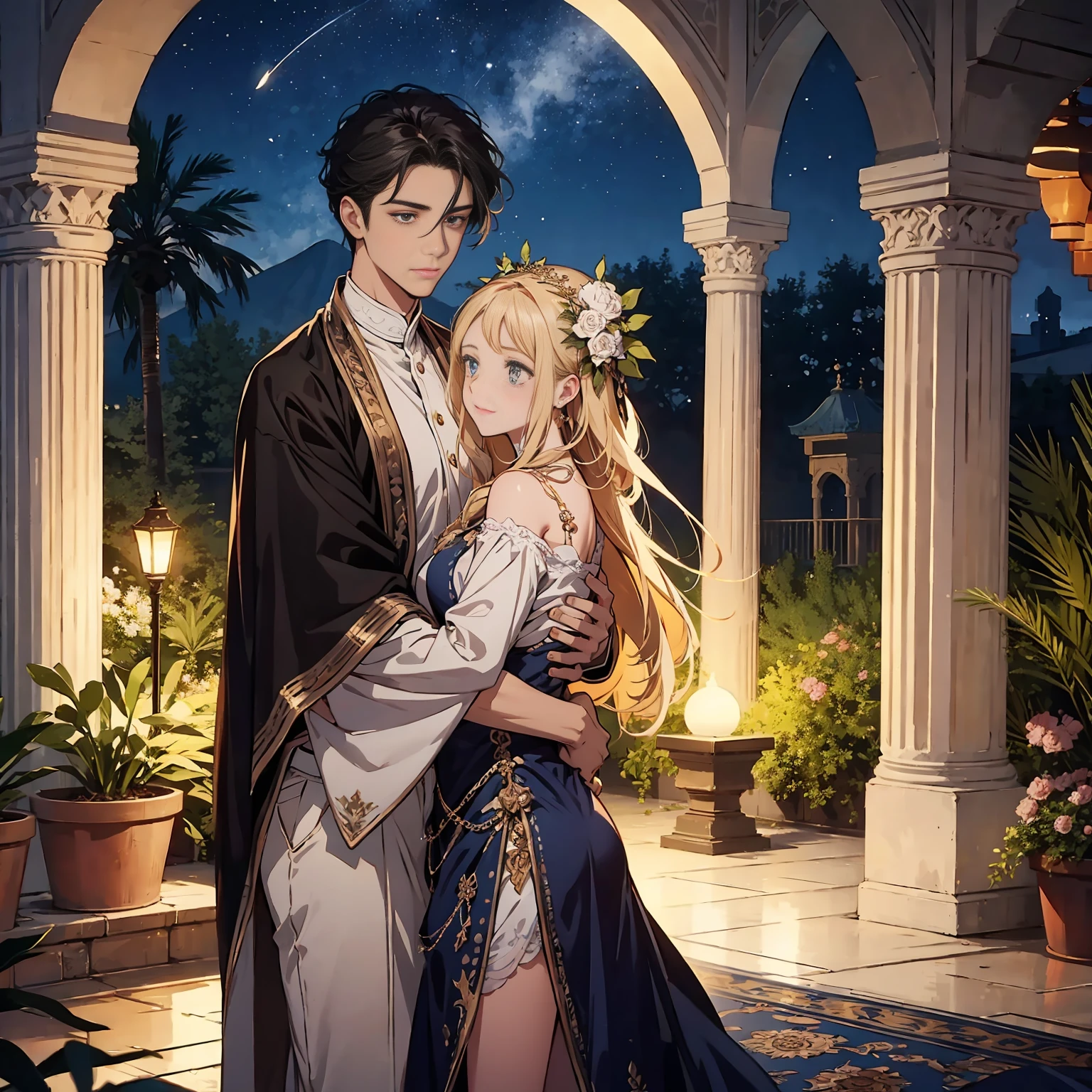 A romantic villa with an atmosphere reminiscent of the Arabian Nights.、There is a garden with luxurious decorations and roses.。ina、Rin々A tall young man and a cute little girl are happily hugging each other.。pure、A crescent moon and a galaxy shine in the night sky.、The golden landscape of the desert is spreading。A lyrical scene is spreading throughout.。