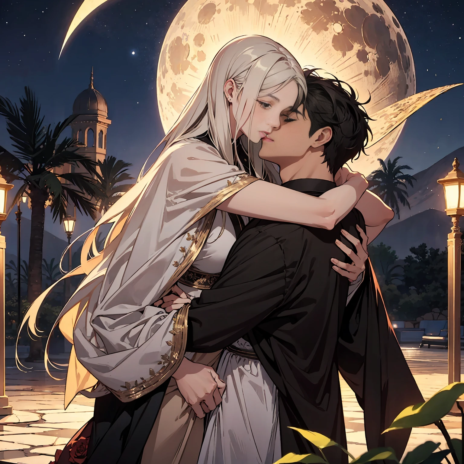 A romantic villa with an atmosphere reminiscent of the Arabian Nights.、There is a garden with luxurious decorations and roses.。ina、Rin々A tall young man and a cute little girl are happily hugging each other.。pure、A crescent moon and a galaxy shine in the night sky.、The golden landscape of the desert is spreading。A lyrical scene is spreading throughout.。