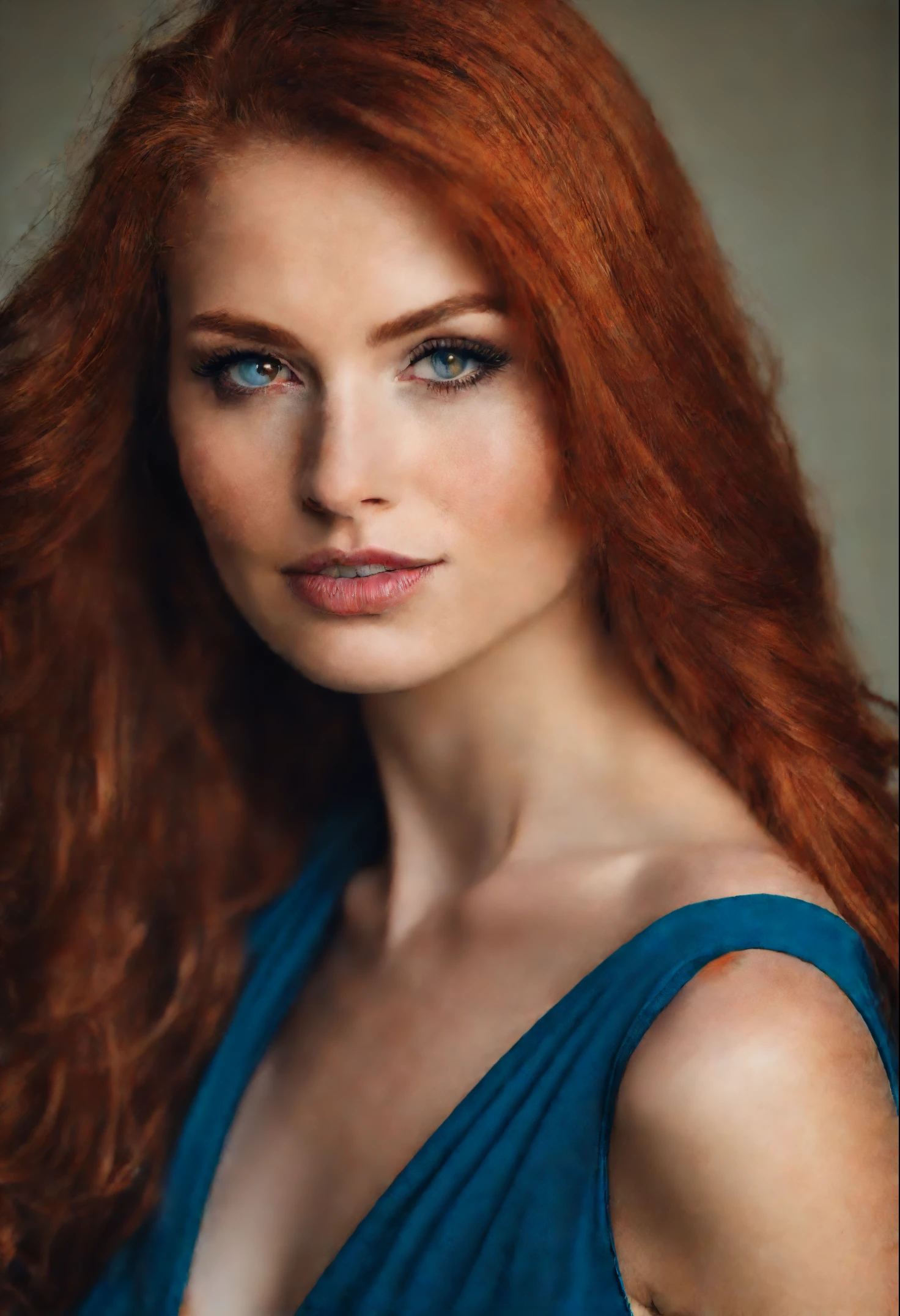 Buetiful 30 year old girl .red hair ,smoothed boddy.blue eyes little beat slanted eyes .wearing sexy dress.skiny boddy.very very sexy