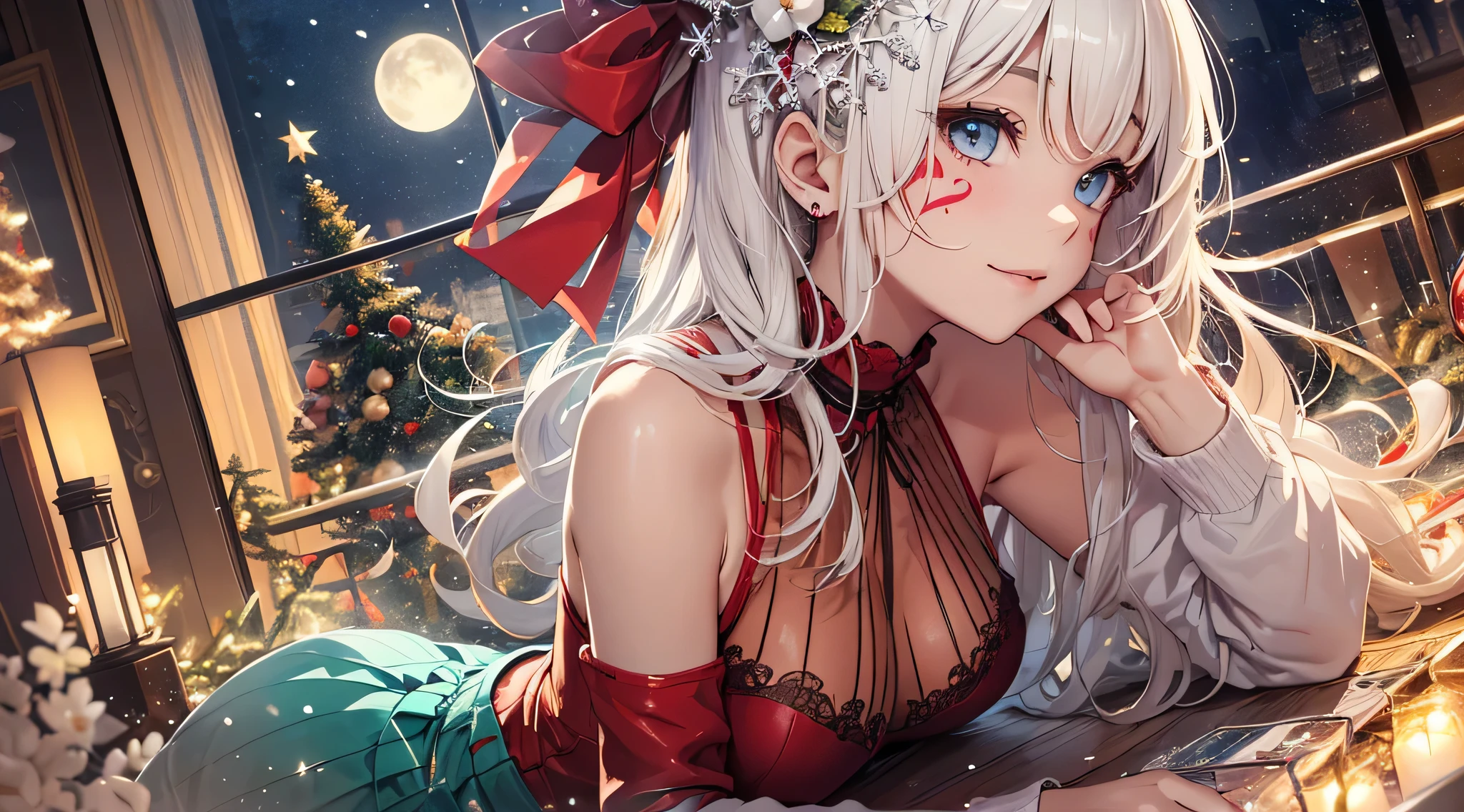 top-quality、Top image quality、​masterpiece、teens girl((Cute Santa Costumes、santa style short skirt、santa style tank top、sixteen years old、 Ager、Best Bust、big bast,wide open breasts、Beautiful light blue eyerest, a blond、A slender,Large valleys、Reflecting the whole body、Laugh、dye one's cheeks red、Red Body Paint、Red Face Paint、be shy、wave her hand、posterior view、emphasis on the buttocks、heart mark、face to viewer)),hiquality、Beautiful Art、Background with(( natta、snowflakes falling、Nice and clean room.、Christmas Party、Party Venue、Christmas Lights、Christmas tree、)))、masutepiece、depth of fields,