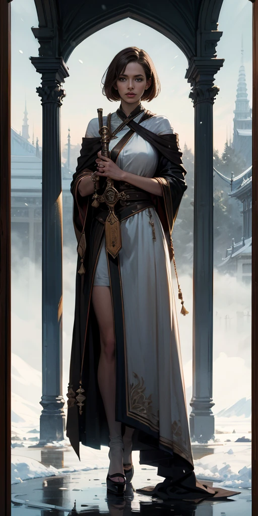 full body, 1 child female, tarot cards, heavy snowy,arma, halter, Weapons of the future, 32K, Linen cloak, Top quality, Masterpiece:Faust,, short detailed hair, thin fog, tmasterpiece,k hd,hyper HD,16k, Tarot elements, Reflectorloods, Eastern Asia, Skysky, brunette color hair, shorter pantumo, Mist, The clothes ar, bandagens, Leather