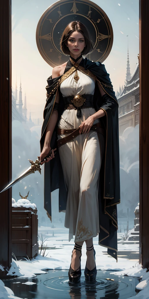 full body, 1 child female, tarot cards, heavy snowy，arma， halter， Weapons of the future， 32K, Linen cloak, Top quality, Masterpiece:Faust，, short detailed hair， thin fog， tmasterpiece，k hd，hyper HD，16k, Tarot elements， Reflectorloods， Eastern Asia， Skysky， brunette color hair， shorter pantumo， Mist， The clothes ar， bandagens， Leather
