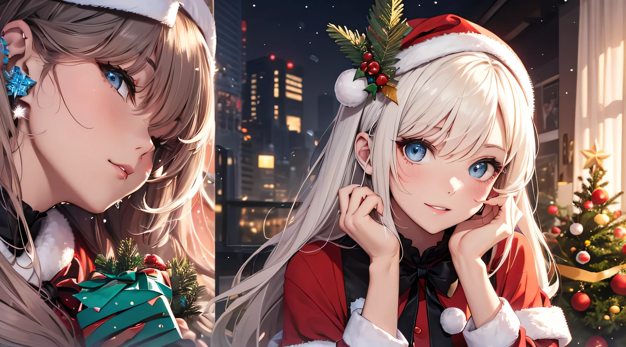 top-quality、Top image quality、masterpiece、teens girl((Cute Santa Costumes、santa style short skirt、santa style tank top、sixteen years old、 Ager、Best Bust、big bast,wide open breasts、Beautiful light blue eyerest, a blond、A slender,Large valleys、Reflecting the whole body、Laugh、dye one's cheeks red、Red Body Paint、Red Face Paint、be shy、wave her hand、posterior view、emphasis on the buttocks、heart mark、face to viewer)),hiquality、Beautiful Art、Background with(( natta、snowflakes falling、Nice and clean room.、Christmas Party、Party Venue、Christmas Lights、Christmas tree、)))、masutepiece、depth of fields,