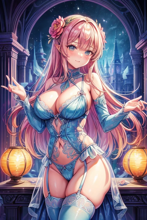 ((top-quality、8K、masterpiece:1.3)),high-level image quality、最high-level image quality、top-quality、hiquality、slenderbody、Beautiful feceボディーライン、Beautiful fece女性、Colossal tits、Sexy style、Insist cleavage、Boob emphasis、(1girl in:1.4)、ultra-detailliert、Beautiful and aesthetic、Beautiful fece、masterpiece、Show off your cleavage、undergarment、Huge chest chest)、((garterbelts、sheer bondage costume))、Beautiful fece女性は, (medium length yellow hair), Detailed huge breasts, Lovely smile, (Warm colors), moist, moist, Reflectors, (masutepiece) 、(Best Quality) (Detailed) , (8K) (Studio Lighting) (Convoluted) , ((Flower arch so magical and dreamy)), opulent, ethereal fairy tale, Rich pastel color palette, Ethereal dreamy theme, dreamy and detailed, The setting of a fairy tale:, (((building with many flowers)))、anime fantasy artwork, anime fantasy illustration, Beautiful feceアートワークのイラスト, Beautiful feceアニメアートwork, elaborate digital art, Convolutedな華やかなアニメCGIスタイル, anime art nouveau cosmic display, Beautiful feceアニメアート, Beautiful feceデジタル芸術作品, Beautiful feceファンタジーアニメ, Detailed anime artwork, Detailed Digital Anime Art, dreamy psychedelic anime、((Sheer Sexy Lingerie、sheer lingerie))、Beautiful fece表現、Beautiful fece乳房、A detailed eye、Clearly eye-catching, beautiful and alluring、Beautiful fece目、Narrow waist、Beautiful fece白い肌、red rip、((lots of flower hair ornaments))