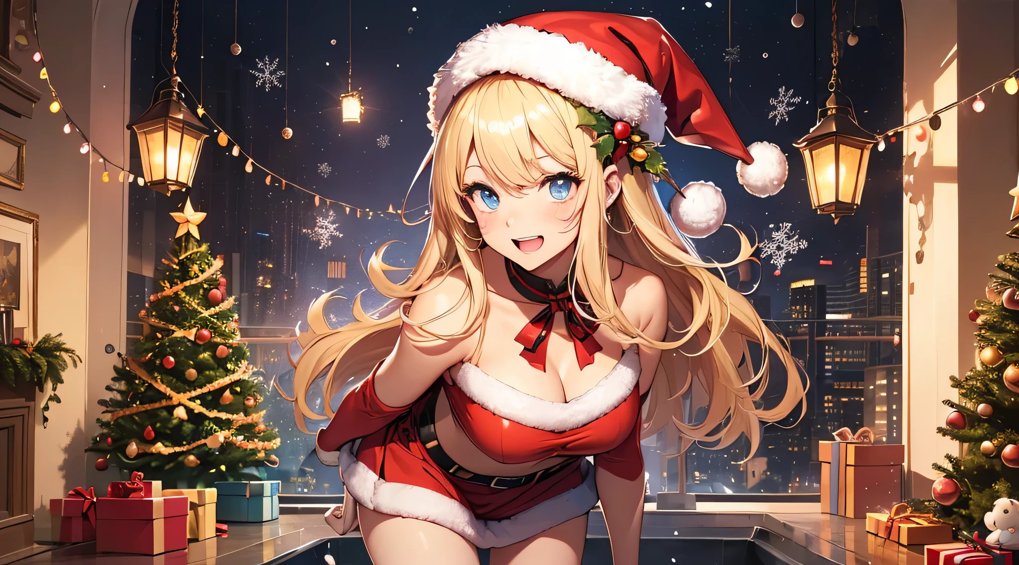 top-quality、Top image quality、masterpiece、teens girl((Cute Santa Costumes、santa style short skirt、santa style tank top、、 Ager、Best Bust、big bast,wide open breasts、Beautiful light blue eyerest, a blond、A slender,Large valleys、Reflecting the whole body、Laugh、dye one's cheeks red、Red Body Paint、Red Face Paint、be shy、wave her hand、posterior view、emphasis on the buttocks、heart mark、face to viewer)),hiquality、Beautiful Art、Background with(( natta、snowflakes falling、Nice and clean room.、Christmas Party、Party Venue、Christmas Lights、Christmas tree、)))、masutepiece、depth of fields,