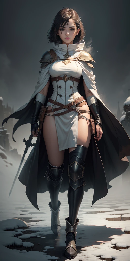 full body, 1 child female, tarot cards, heavy snowy,arma, halter, Weapons of the future, 32K, Linen cloak, Top quality, Masterpiece:Faust,, short detailed hair, thin fog, tmasterpiece,k hd,hyper HD,16k, Tarot elements, Reflectorloods, Eastern Asia, Skysky, brunette color hair, shorter pantumo, Mist, The clothes ar, bandagens, Leather