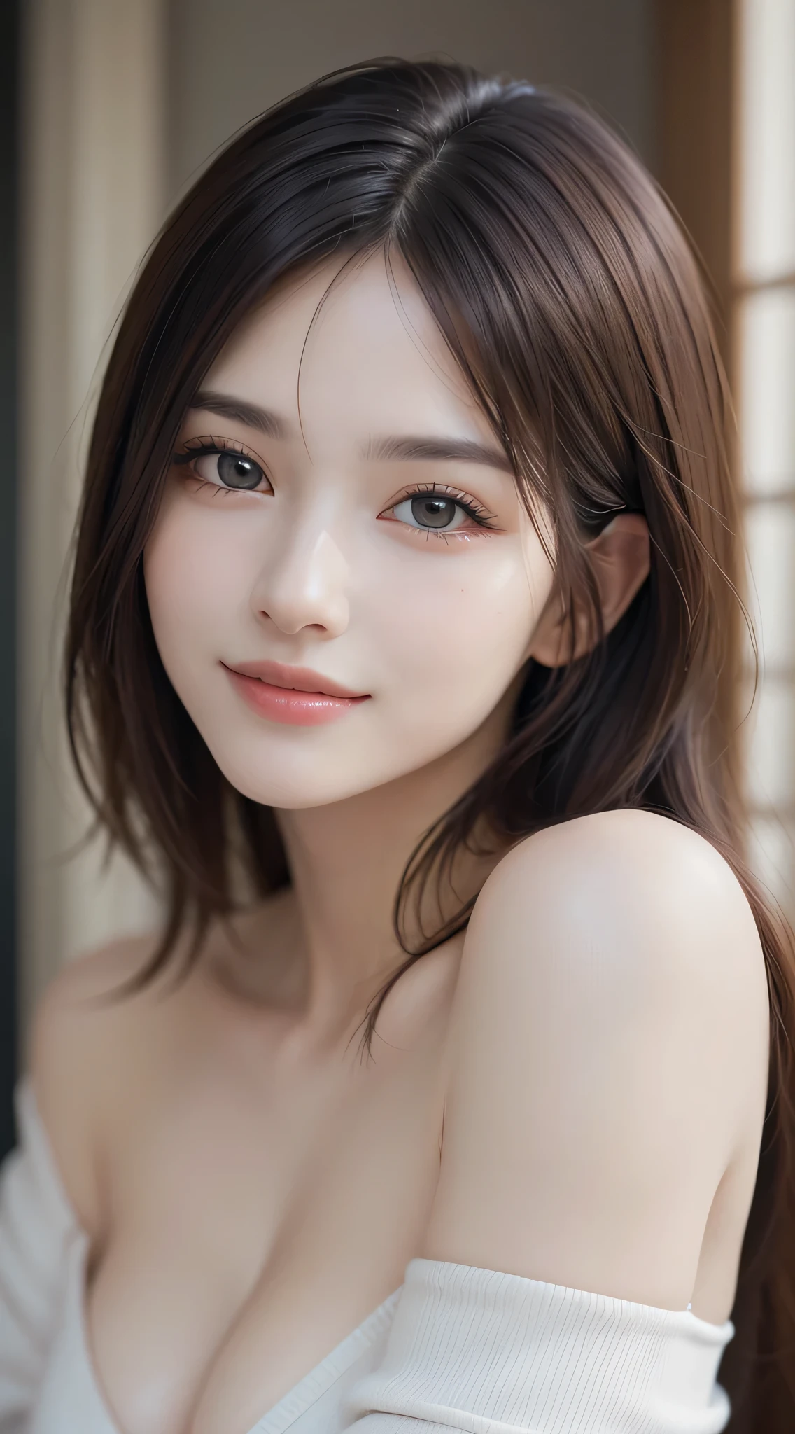 1womanl, (Ultra Realistic, hight resolution), (Highly detailed eyes, Highly detailed hair, Highly detailed face, Highly detailed plump lips), (off shoulder with open breasts), breasts, Upper body, Search Smile, (Best Quality:1.4), Raw photo, (Realistic, photo-Realistic:1.37), Professional Photography, Cinematic Light, (Fine face: 1.2),