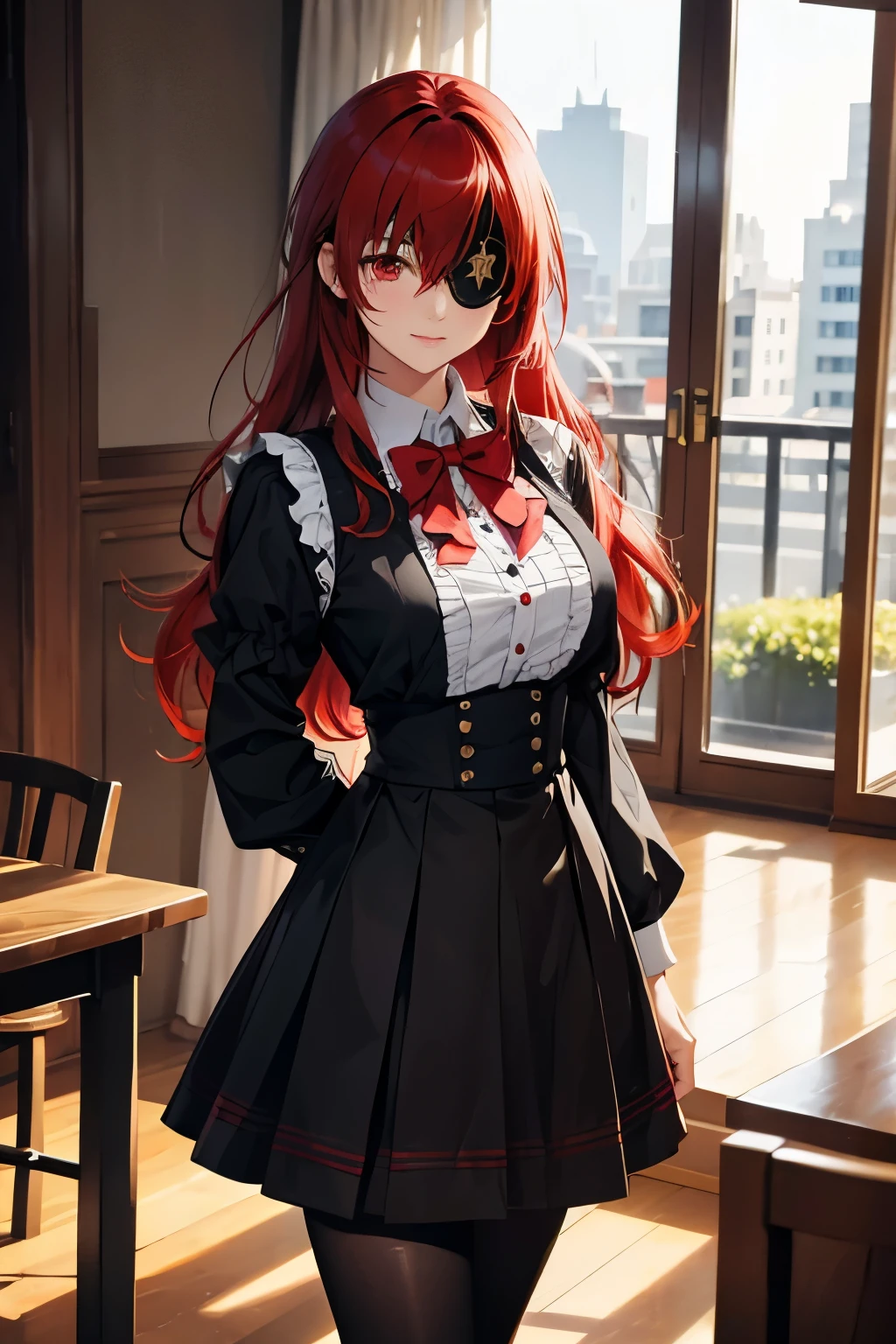 ((best quality)), ((masterpiece)), (detailed), perfect face, ((eyepatch:1.2)), (long hair:1.4), (red hair, red eyes:1.4), 1girl, solo, skirt, shirts, vest, legging, white shirts, Button-up shirts, black vest, smile, outdoors, black skirt, looking at viewer, black legging, rose pattern legging, long sleeves, bangs, ribbon, frilled skirt, frills, plaid, bow, Star shape eyepatch, gold eyepatch, standing, red ribbon, wide sleeves, hand on waist, medium breasts, cafe, inside bosco cafe, cowboy shot, elegance, adult women