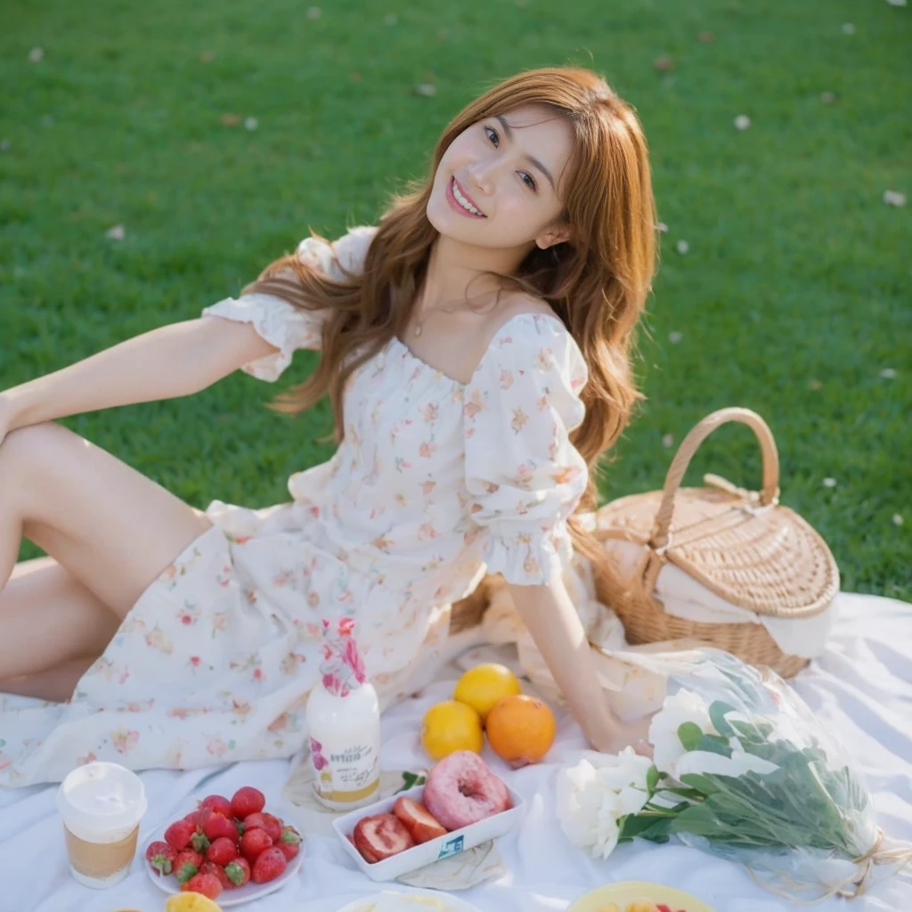 (On a table, Best quality, realistically, ultra - detailed, meticuloso, A high resolution, 8k wallpaper), Close-up portrait of a beautiful woman, Chariada, Smiling, light brown messy hair, Perfect dynamic composition, 美丽meticuloso的眼睛, Just like the cover of a fashion magazine, On campus