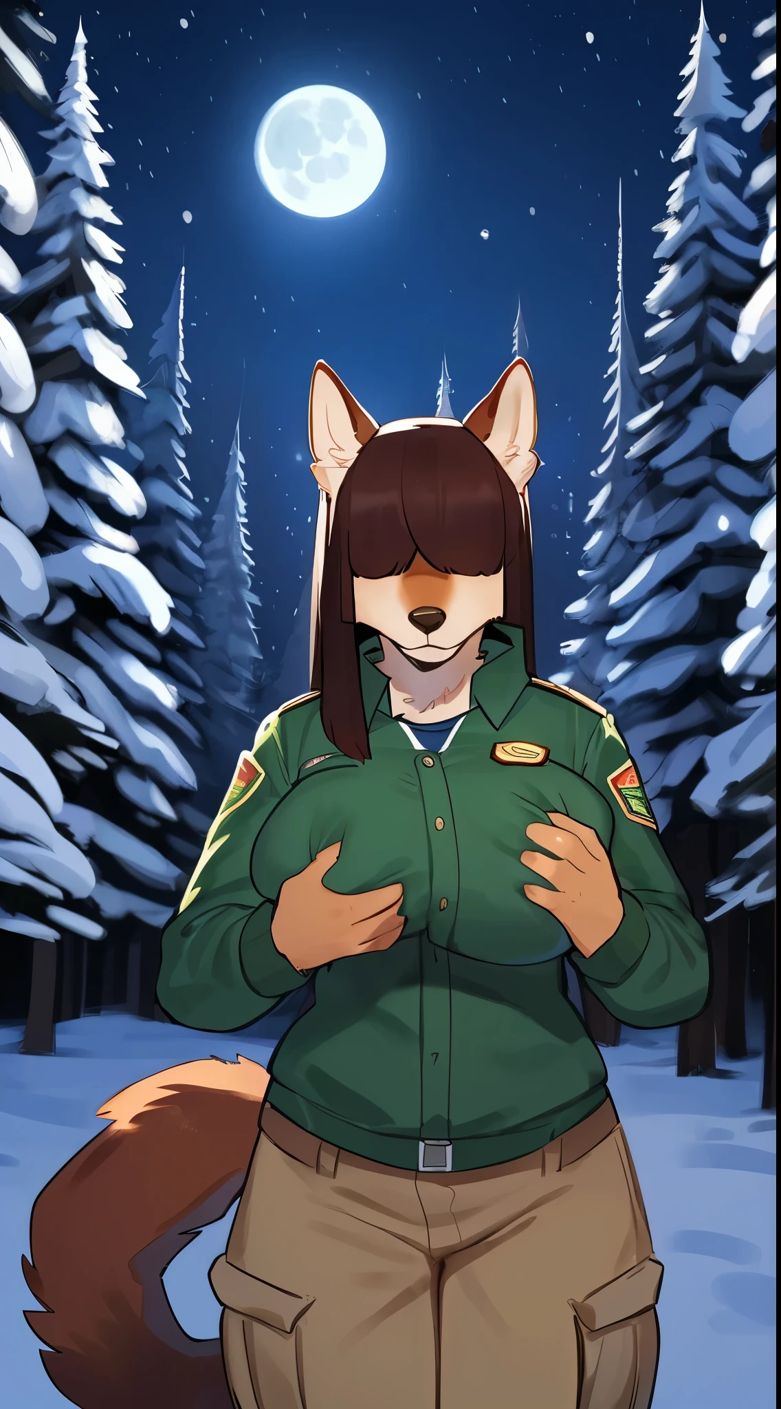 By bebebebebe, by lostgoose, by goonie-san, female, ((canine, snout, hair covering eyes, straight hair, medium hair, flat hair, ears, thin snout)), brown fur, big poofy tail, raised tail, dark maroon hair, (muscular, big breasts), solo, shocked posed, surprised posed, shocked expression, surprised expression, standing, (park ranger uniform, green jacket, white shirt, tan cargo pants), (pov grabbing breasts), snow, snowing, night time, moon, forest