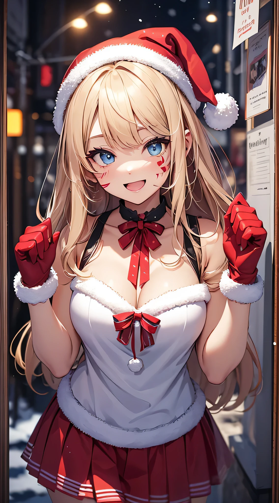 top-quality、Top image quality、masterpiece、s girl((Cute Santa Costumes、santa style short skirt、santa style tank top、sixteen years old、 Ager、Best Bust、big bast,wide open breasts、Beautiful light blue eyerest, a blond、A slender,Large valleys、Reflecting the whole body、Laugh、dye one's cheeks red、Red Body Paint、Red Face Paint、be shy、heart mark、face to viewer、Hand over Christmas presents with both hands)),hiquality、Beautiful Art、Background with(( natta、snowflakes falling、Nice and clean room.、Christmas Party、Party Venue、Christmas Lights、Christmas tree、)))、masutepiece、depth of fields,