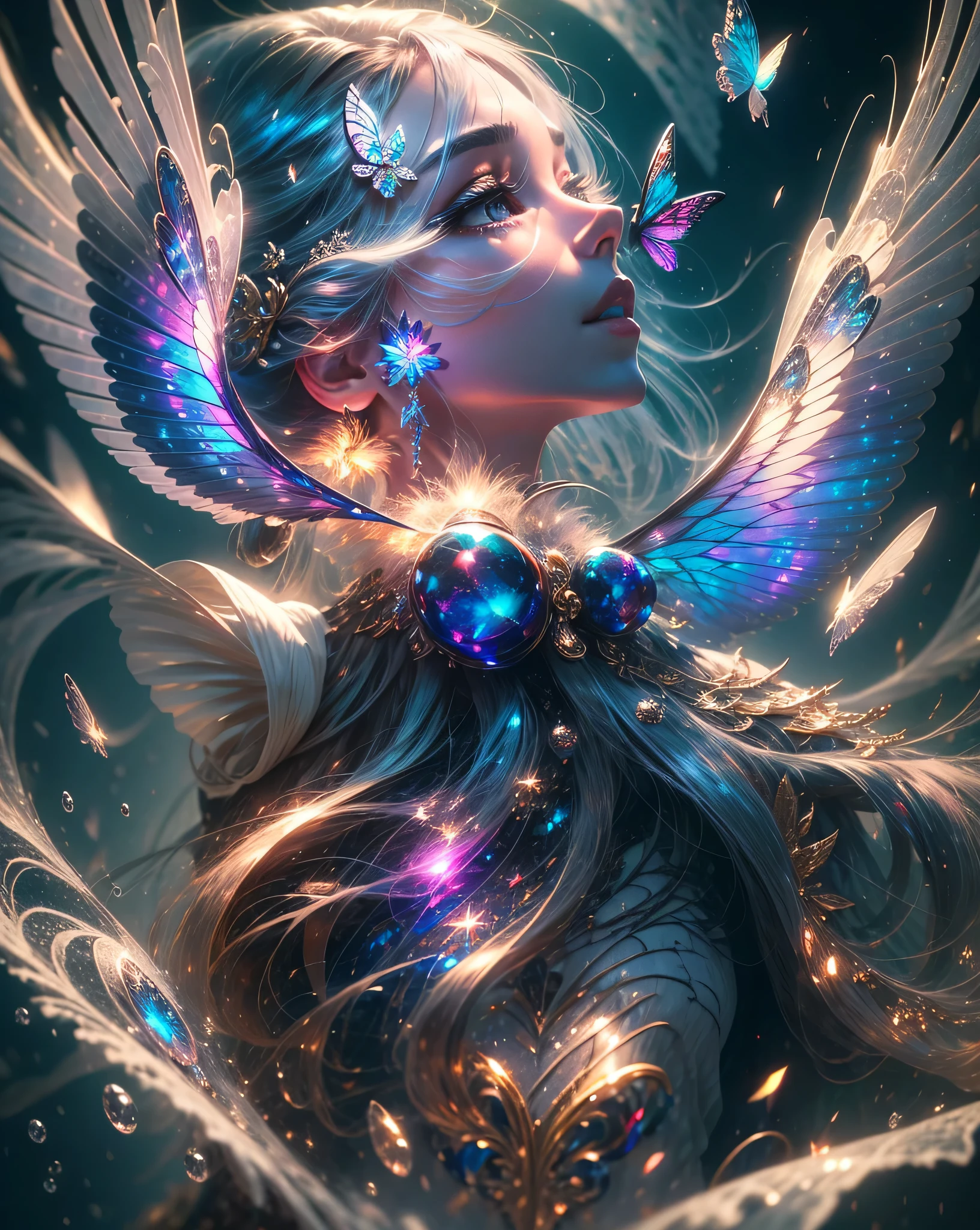 (((masterpiece))), (((best quality))), ((ultra-detailed)),(highly detailed CG illustration), ((an extremely delicate and beautiful)),cinematic light, Create a stunning fantasy artwork that mimics the style of currently trending masters of the genre. The art piece should contain elements of both mythic fantasy and fairytale fantasy with colorful accents. The character in the artwork is a delicate but strong figure with an aura of mystery and magic. Pay close attention to intricate facial features, such as mezmerizing eyes with vibrant colors and delicate shading. The character's clothing should be designed with gossamer feathers, silk, stunning embroidery, and subtle iridescent details. Incorporate vibrant colors, dynamic lighting, and detailed background elements to create a sense of awe and immersion. Include colorful flying magical birds and jewel-toned butterflies radiating a magical aura. Consider the latest trends in fantasy art, such as incorporating unique lighting effects, exploring dynamic and compelling composition techniques, and experimenting with unique color palettes. Take inspiration from the top artists on ArtStation and Midjourney. Camera: Choose an angle that highlights the character's beauty and enhances the magical majesty of the artwork. Lighting: Utilize atmospheric lighting techniques to create depth and mood. Resolution: Aim for a high-resolution artwork to showcase intricate details and clarity. Art Inspirations: Seek inspiration from the trending artists on ArtStation, exploring different styles, genres, and themes.