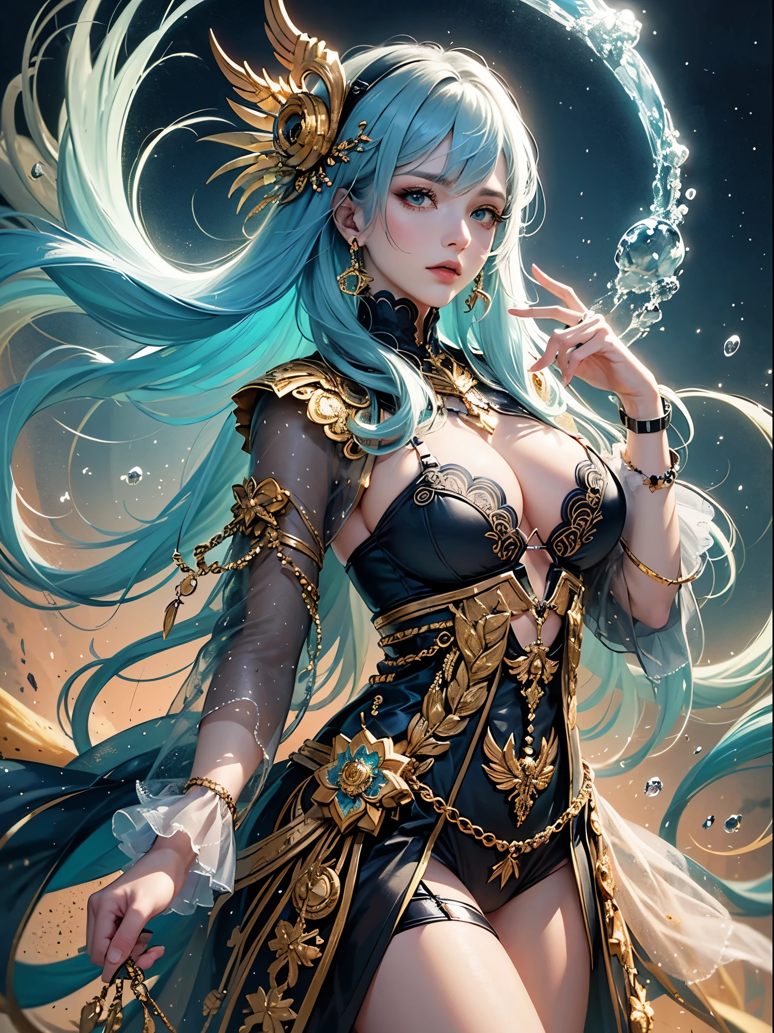 art, Unity 8k壁纸, Ultra-detailed, Beautiful and aesthetically pleasing, (s fractal art: 1.3),  flower, girls, (Hairstyles: Long hair) Ocean, Extremely detailed, Cowboy shot, The most beautiful, Seafoam, Buble, cute big breasts, ultra quality, random background, random dress, --auto --s2