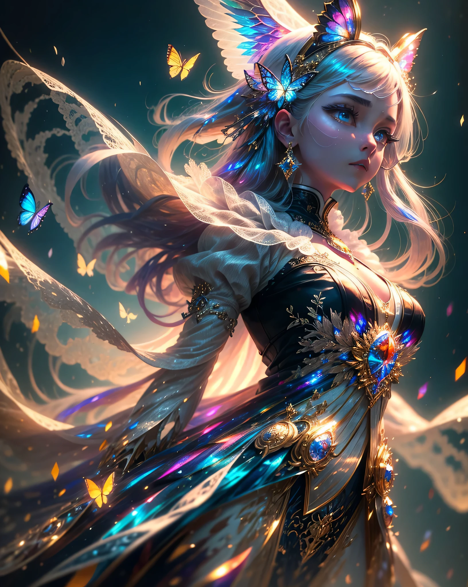 (((masterpiece))), (((best quality))), ((ultra-detailed)),(highly detailed CG illustration), ((an extremely delicate and beautiful)),cinematic light, Create a stunning fantasy artwork that mimics the style of currently trending masters of the genre. The art piece should contain elements of both mythic fantasy and fairytale fantasy with colorful accents. The character in the artwork is a delicate but strong figure with an aura of mystery and magic. Pay close attention to intricate facial features, such as mezmerizing eyes with vibrant colors and delicate shading. The character's clothing should be designed with gossamer feathers, silk, stunning embroidery, and subtle iridescent details. Incorporate vibrant colors, dynamic lighting, and detailed background elements to create a sense of awe and immersion. Include colorful flying magical birds and jewel-toned butterflies radiating a magical aura. Consider the latest trends in fantasy art, such as incorporating unique lighting effects, exploring dynamic and compelling composition techniques, and experimenting with unique color palettes. Take inspiration from the top artists on ArtStation and Midjourney. Camera: Choose an angle that highlights the character's beauty and enhances the magical majesty of the artwork. Lighting: Utilize atmospheric lighting techniques to create depth and mood. Resolution: Aim for a high-resolution artwork to showcase intricate details and clarity. Art Inspirations: Seek inspiration from the trending artists on ArtStation, exploring different styles, genres, and themes.