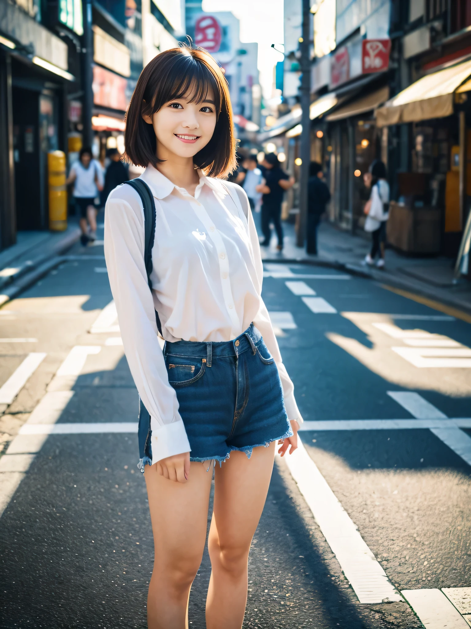ultra best quality、masterpiece、超hight resolution、depth of fields、(Photorealsitic:1.4)、(awardwinning photo、incredible masterpiece:1.3) 、Raw photography、the golden ratio、the Extremely Detailed CG Unity 8K Wallpapers、Detailed and complex、Original、hight resolution、Raw foto、(perfect body type)、Detailed and complex、Digital SLR、softlighting、(background person blur:1.1)、SIGMA 85 mm F/1.4、50mm Lenac lighting、nffsw、hyper realstic、Color Grade、dynamicposes、Portrait Break、 solo、short-hair:1.4、girl with、Super beauty、(Full body like:1.2)、japanese bodybian、solo)、thighs gap、A smile:1.4、University、cute little high school girl、short-cut、Detailed Realistic、Skin Texture、(realistic human skin texture)、Front view View viewer、natural soft light、Daytime、in a street、deep-shadows、cute little、21 years old BREAK、 a street、The state of the store、akihabara、Shinjuku、with no people、(akihabara:1.2)