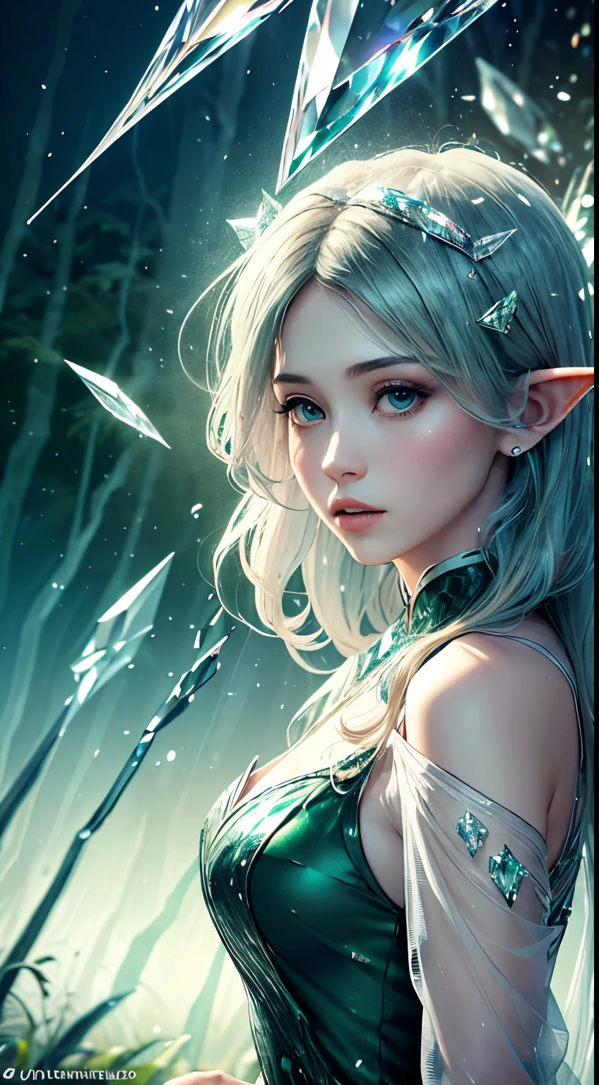 (Masterpiece, Top Quality, Best, Official Art, Beautiful and Aesthetic, Long Exposure: 1.2), Smooth Movement, Charming Patterns, 1 Girl, (Long Dress with Sleeves: 1.3), (((Green Clothes) )), upper body close-up, bare shoulders, Chinese girl, blush, black lob hair, portrait, solo, upper body, looking at the observer, detailed background, detailed face, (crystallineAI, crystalline theme:1.1), elemental wood elf, rotation foliage, control foliage, emerald clothing, dynamic pose, floating particles, ethereal dynamics, foliage, vapor, forest in the background, green tint, forest, ethereal atmosphere,