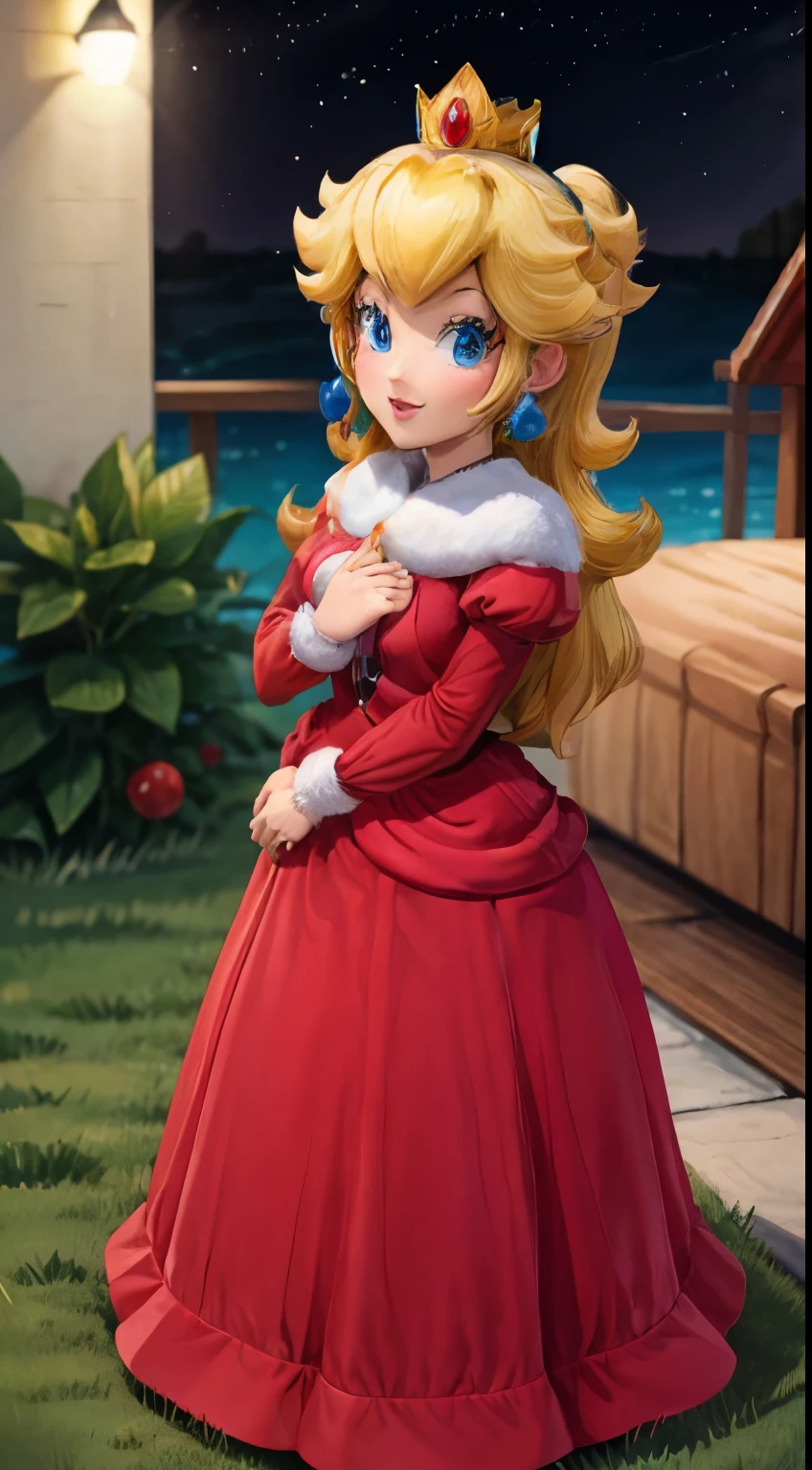 Princess Peach in a christmas themed dress standing by a Christmas tree.