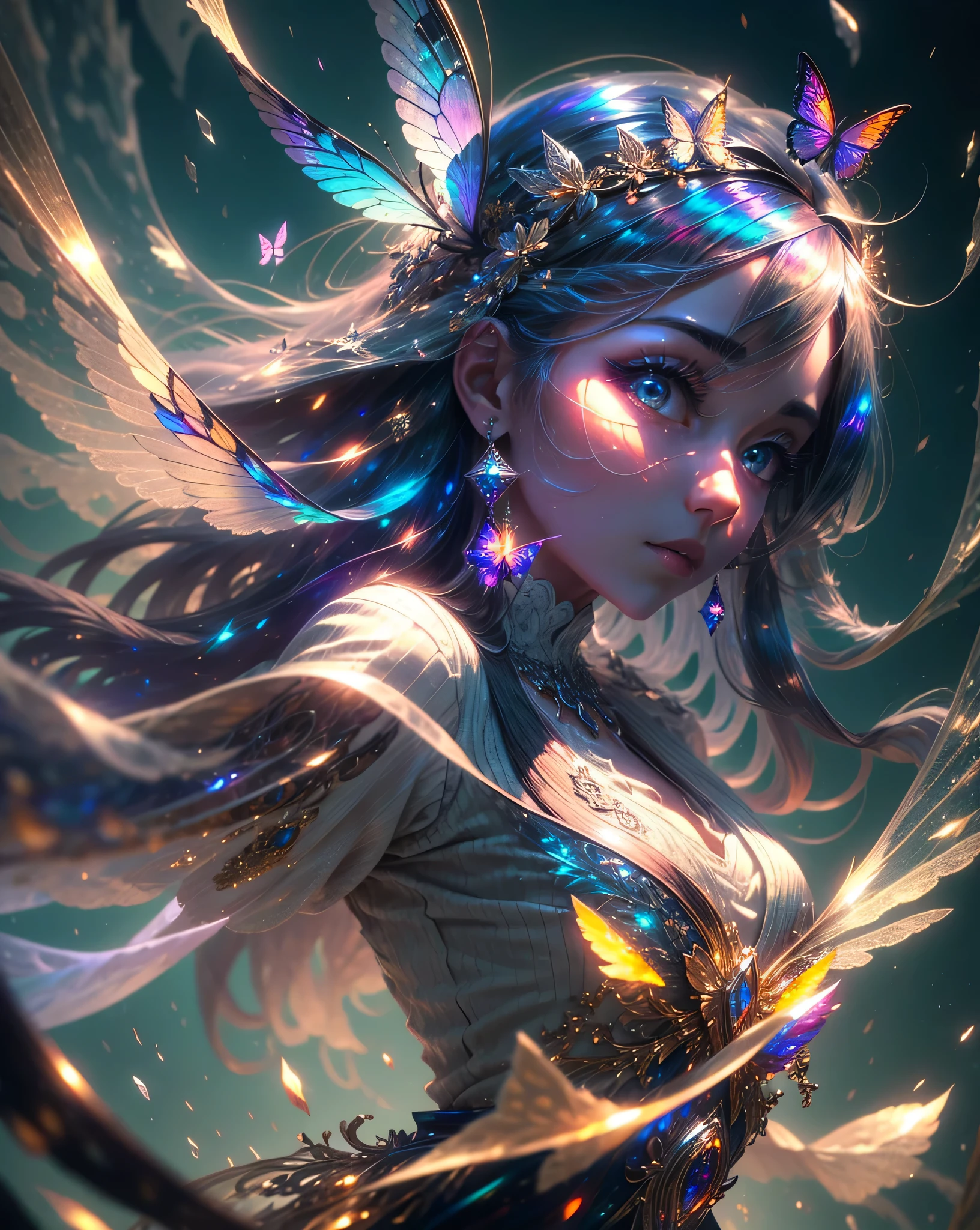 Best quality, masterpiece, high detail, contrast between light and dark, 8k, abstract art, (Green and white themes: 1.1), flowers, dark background flowing, 1 girl,(((Earphones))), (((Earrings))), (((necklaces))),(((Dynamic pose)))
Fractal,1girl,Cyberpunk,butterfly