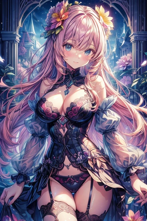 ((top-quality、8K、masterpiece:1.3)),high-level image quality、最high-level image quality、top-quality、hiquality、slenderbody、Beautiful feceボディーライン、Beautiful fece女性、Colossal tits、Sexy style、Insist cleavage、Boob emphasis、(1girl in:1.4)、ultra-detailliert、Beautiful and aesthetic、Beautiful fece、masterpiece、Show off your cleavage、Huge chest chest)、(garterbelts、sheer bondage costume)、Beautiful fece女性は, (medium length yellow hair), Detailed huge breasts, Lovely smile, (Warm colors), moist, moist, Reflectors, (masutepiece) 、(Best Quality) (Detailed) , (8K) (Studio Lighting) (Convoluted) , ((Flower arch so magical and dreamy)), opulent, ethereal fairy tale, Rich pastel color palette, Ethereal dreamy theme, dreamy and detailed, The setting of a fairy tale:, (((building with many flowers)))、anime fantasy artwork, anime fantasy illustration, Beautiful feceアートワークのイラスト, Beautiful feceアニメアートwork, elaborate digital art, Convolutedな華やかなアニメCGIスタイル, anime art nouveau cosmic display, Beautiful feceアニメアート, Beautiful feceデジタル芸術作品, Beautiful feceファンタジーアニメ, Detailed anime artwork, Detailed Digital Anime Art, dreamy psychedelic anime、(Sheer Sexy Lingerie、sheer lingerie)、Beautiful fece表現、Beautiful fece乳房、A detailed eye、Clearly eye-catching, beautiful and alluring、Beautiful fece目、Narrow waist、Beautiful fece白い肌、red rip、((lots of flower hair ornaments))