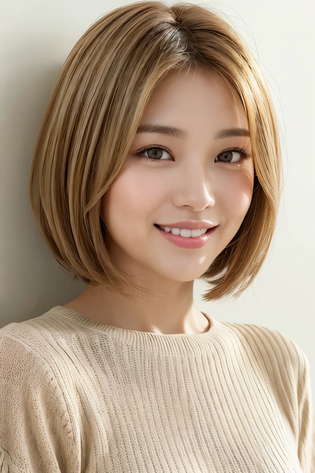 top-quality, 8k, masterpiece, femele, a smile, Look at viewers, foco nítido, Light beige hair color, bob cuts, dishevled hair, Highly detailed face and skin and hair texture, A detailed eye, 二重まぶた, de pele branca, beautiful delicate nose, かわいい若い日本人femele, 27yo, With dynamic angles, It exudes a happy feeling, characterized by calm tones and a contrasting mix of light and shadow.