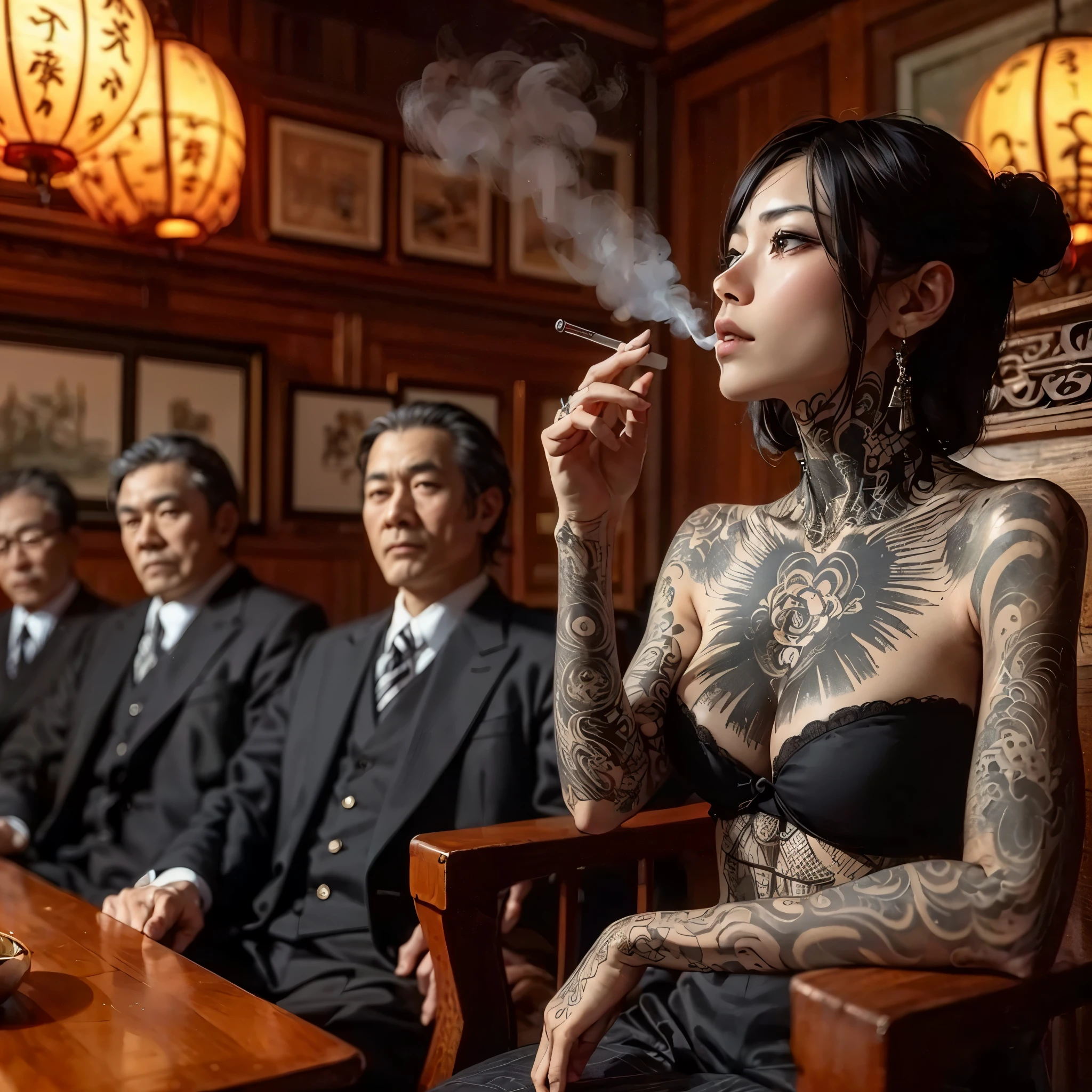 there are people sitting in a room, smoking, yakuza slim girl with gigantic breast, full body tattoo, inspired by Kanō Hōgai, japanese gothic, japanese fantasy, inspired by Kanō Takanobu, yakuza tattoo on body, chie yoshii, japanese influences, by Kanō Tan'yū, inspired by Kanō Naizen, masterpiece, best quality:1.2),,(8k,highres,RAW photo,realistic,photo-realistic:1.3),(detailed skin texture,detailed cloth texture,beautiful detailed face:1.25),professional lighting,photon mapping,beautiful soft light,radiosity,physically-based rendering,raytracing, model shoot style, model shoot style, (extremely detailed CG unity 8k wallpaper), full shot body photo of the most beautiful artwork in the world,