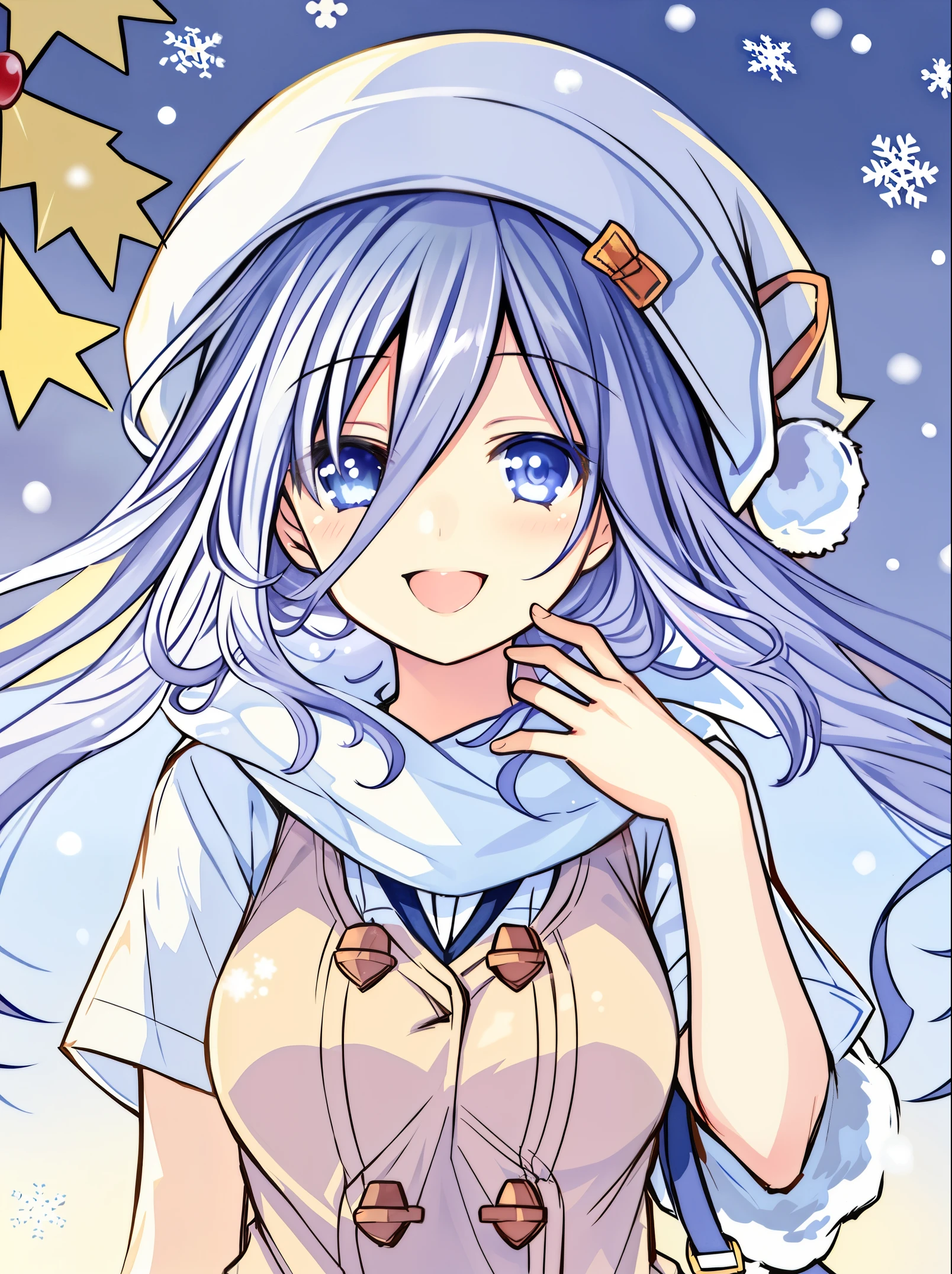 beautiful girl, light smile, open eyes, detailed eyes, school uniform, pretty anime girl, morning, long hair, wind, christmas hat, winter, snow