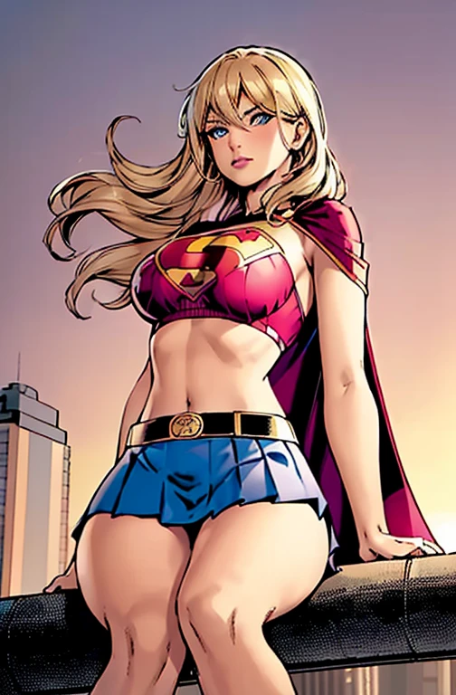 jim lee, 

1girl, arm support, bangs, belt, blue eyes, blue skirt, blush, blonde hair, , building, cape, cityscape, closed mouth, crop top, cropped shirt, day, feet out of frame, floating hair, from below, legs together, long hair, long sleeves, looking at viewer, , midriff, navel, outdoors, pink lips, pleated skirt, red cape, sitting, skirt, skyscraper, solo, sunset, superhero, yellow sky

, ((masterpiece))