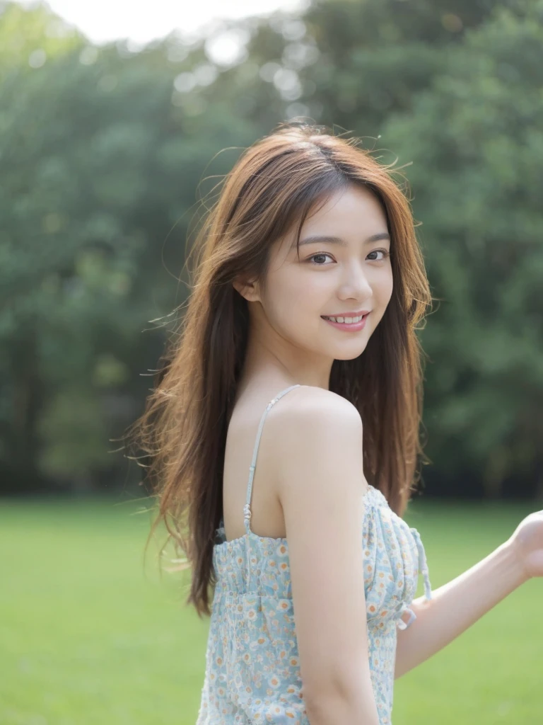 (On a table, Best quality, realistically, ultra - detailed, meticuloso, A high resolution, 8k wallpaper), Close-up portrait of a beautiful woman, Chariada, Smiling, light brown messy hair, Perfect dynamic composition, 美丽meticuloso的眼睛, Just like the cover of a fashion magazine, On campus