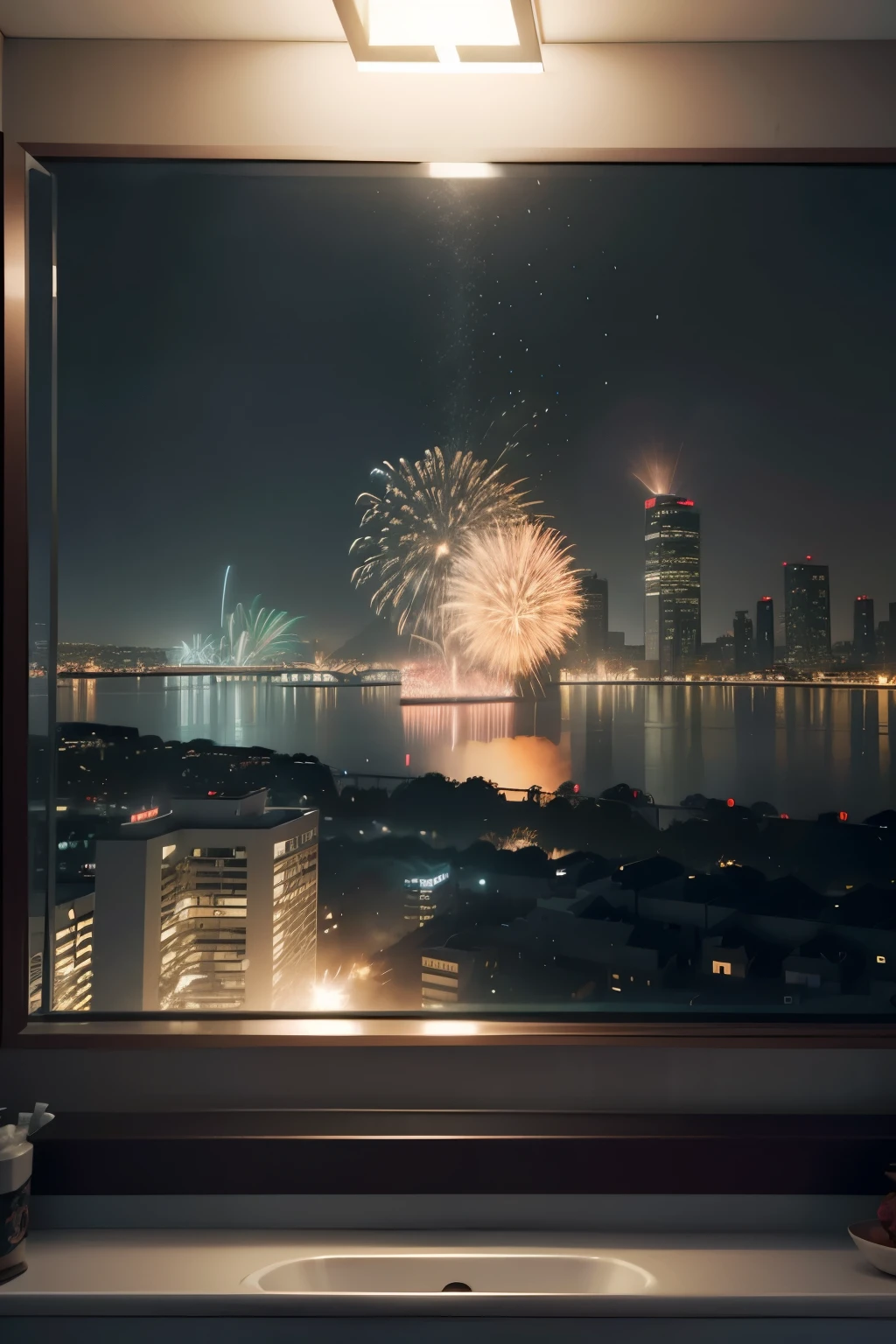 cinematic still of firework viewed from apartment bathroom at night, ultra high res.photorealistic:.1.4, cinematic lighting, f/2.8, Hasselblad, Wide-Angle, masterpiece, UHD