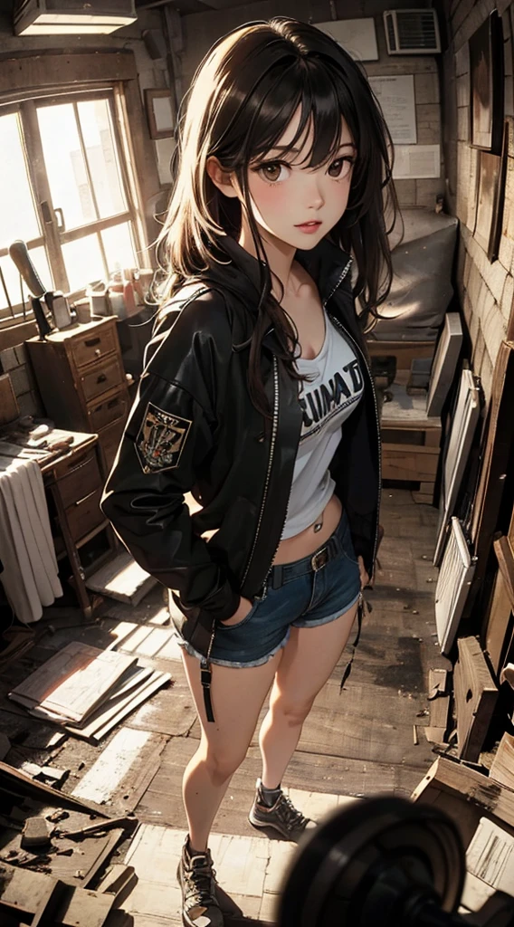 ((8k wallpaper of extremely detailed CG unit, masterpiece, hight resolution, top-quality)), (Beautuful Women, Plump lips, Hands in pockets:1.5, Grunge Fashion, Wearing a blouson:1.2, Wearing micro mini shorts:1.2, Wearing sneakers:1.1), ((extra detailed face, Highly detailed black eyes, extra detailed body, top-qualityのリアルテクスチャスキン)), (A dark-haired, hair messy, de pele branca, Small:1.3, Exposed belly), (indoors of an abandoned building, Colorful wall), (high-angle:1.1, Fisheye:1.3), hyper realisitic, digitial painting,