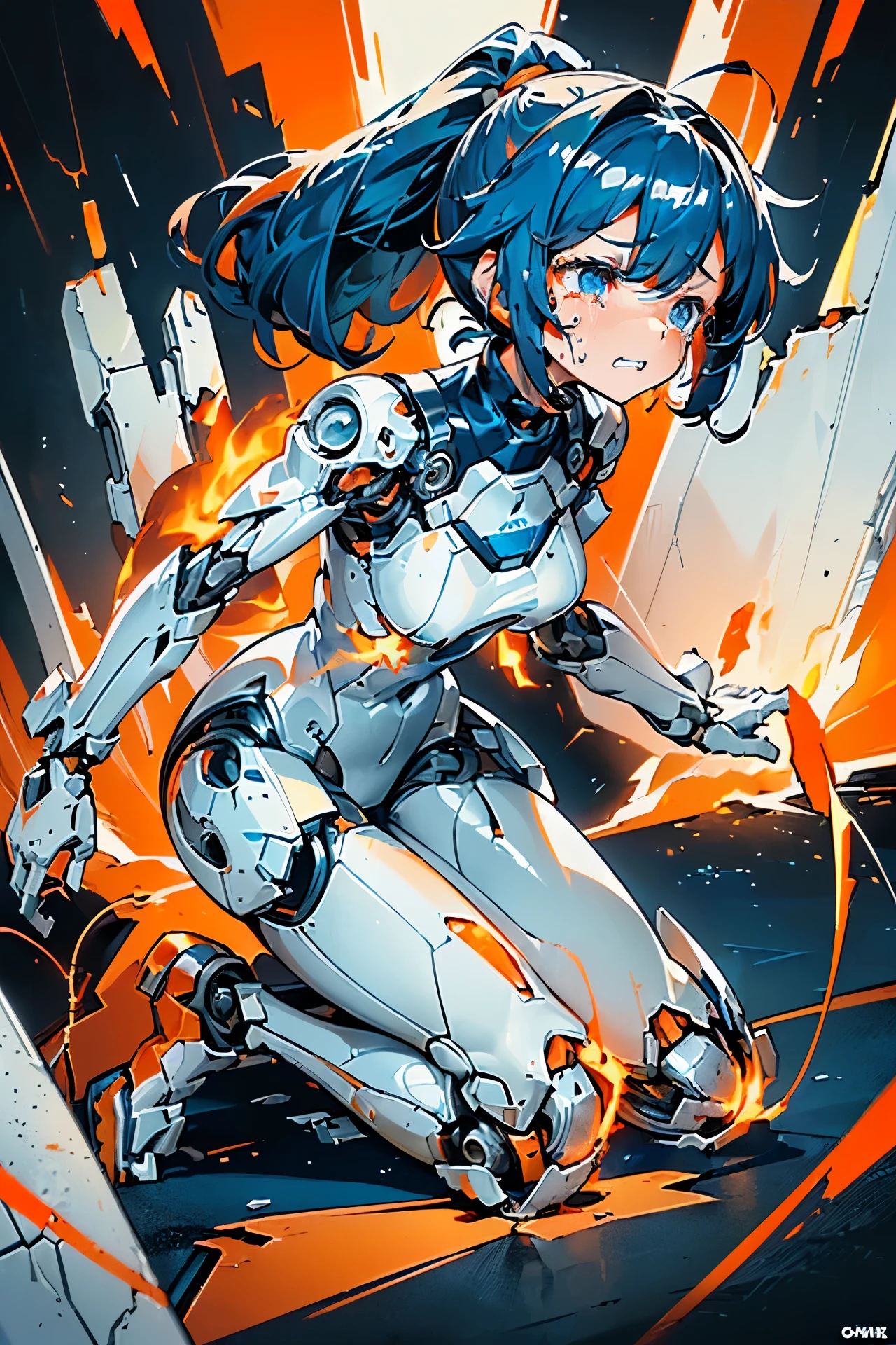 (((masterpiece))), Girl Robot, (loli:1.4), (Gamine:1.5), (Streamlined body based on white), White and navy blue pilot suit, White and navy blue tight-fitting clothing, White and navy blue thigh cover pants, White and navy blue shoulder cover clothes, White and navy blue shiny clothes, Navy blue tight-fitting pants that hide the legs, (A body destroyed to pieces:1.4), (The body has many tears and scratches:1.4), (Machines and cables visible through the cracks in the body:1.4), (The body overheated and exploded:1.4), (The overheated body exploded:1.4), (The overheated body spewed out a large amount of flame and exploded.:1.4), (The body overheated and exploded:1.2), (A body destroyed to pieces:1.5), (A huge explosion of the body causes a large amount of orange flame to spew out from the body.:1.4), (Clenching teeth:1.4), (Close both eyes:1.4), (Crying hard:1.4), (Dark blue hair ponytail:1.4), (Get down on both knees:1.4), (Mechanical joints:1.4), (Machine body:1.4), (from side:1.3), (looking away:1.3), mecha musume, mechanical parts, robot joints, headgear
