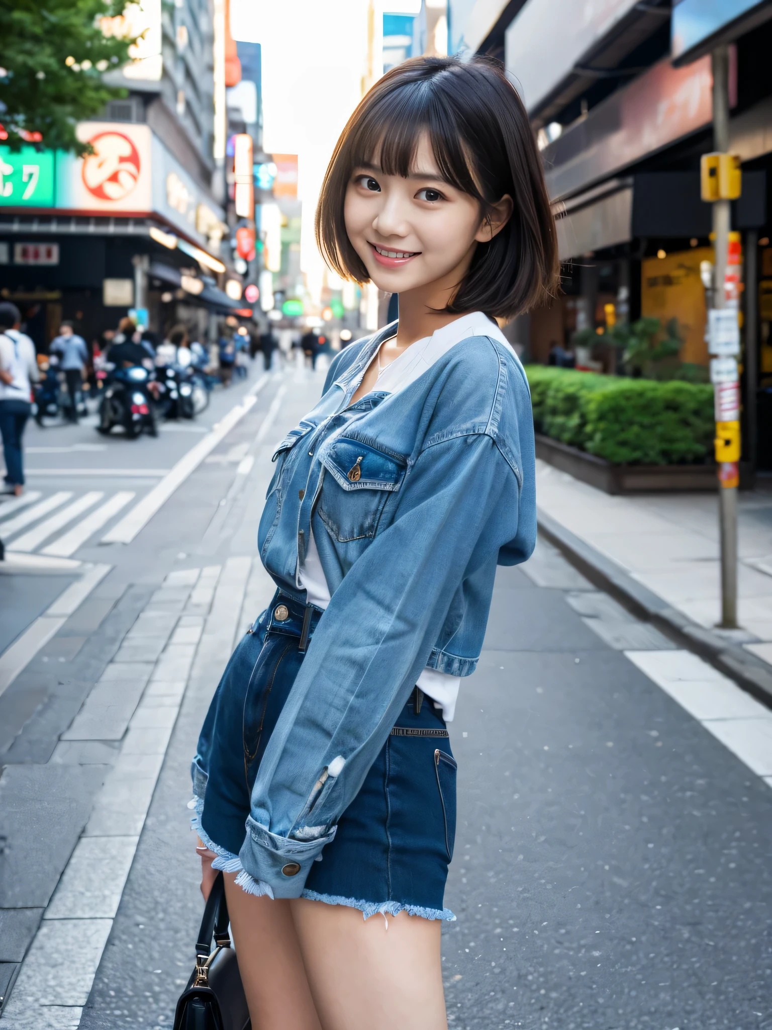 ultra best quality、masterpiece、超hight resolution、depth of fields、(Photorealsitic:1.4)、(awardwinning photo、信じられないほどのmasterpiece:1.3) 、Raw photography、the golden ratio、the Extremely Detailed CG Unity 8K Wallpapers、Detailed and complex、Original、hight resolution、Raw foto、(perfect body type)、Detailed and complex、Digital SLR、softlighting、(background person blur:1.1)、SIGMA 85 mm F/1.4、50mm Lenac lighting、nffsw、hyper realstic、Color Grade、dynamicposes、Portrait Break、 独奏、short-hair:1.4、girl with、Super beauty、(Full body like:1.2)、japanese bodybian、独奏)、thighs gap、A smile:1.4、University、cute little女子高生、short-cut、Detailed Realistic、Skin Texture、(realistic human skin texture)、Front view View viewer、natural soft light、Daytime、in a street、deep-shadows、cute little、21 years old BREAK、 a street、The state of the store、akihabara、Shinjuku、with no people、(akihabara:1.2)