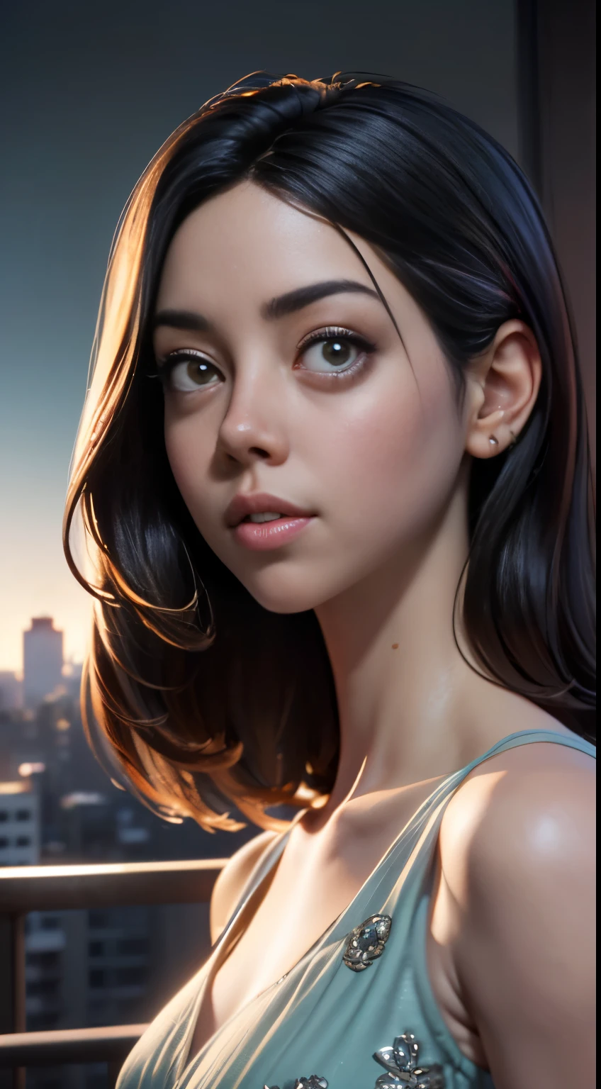 photo of Aubrey Plaza, RAW, beautiful woman, ((portrait)), ((detailed face:1.2)), ((detailed facial feature, detailed skin, clear skin), (perfect proportioned body), (wearing a colorful dress) (high detailed city environment, apartment balcony), (realistic photo, best quality, detailed), (8k wallpaper), (cinematic lighting, dramatic lighting) (sharp focus, intricate)