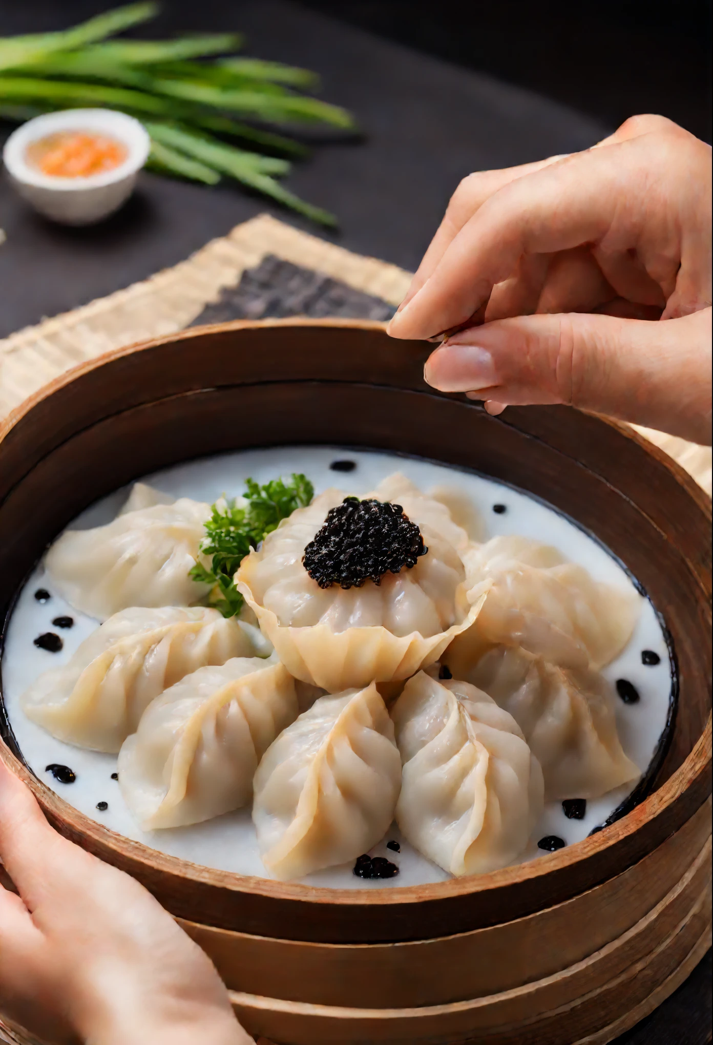 Produced by Michelin,cook,中国traditional dumplings,Transparent shrimp dumplings,(Crescent-shaped dumplings with pointed ends)。sharp corner shape。Dumpling wrappers。traditional dumplings。caviar,High-end presentation,