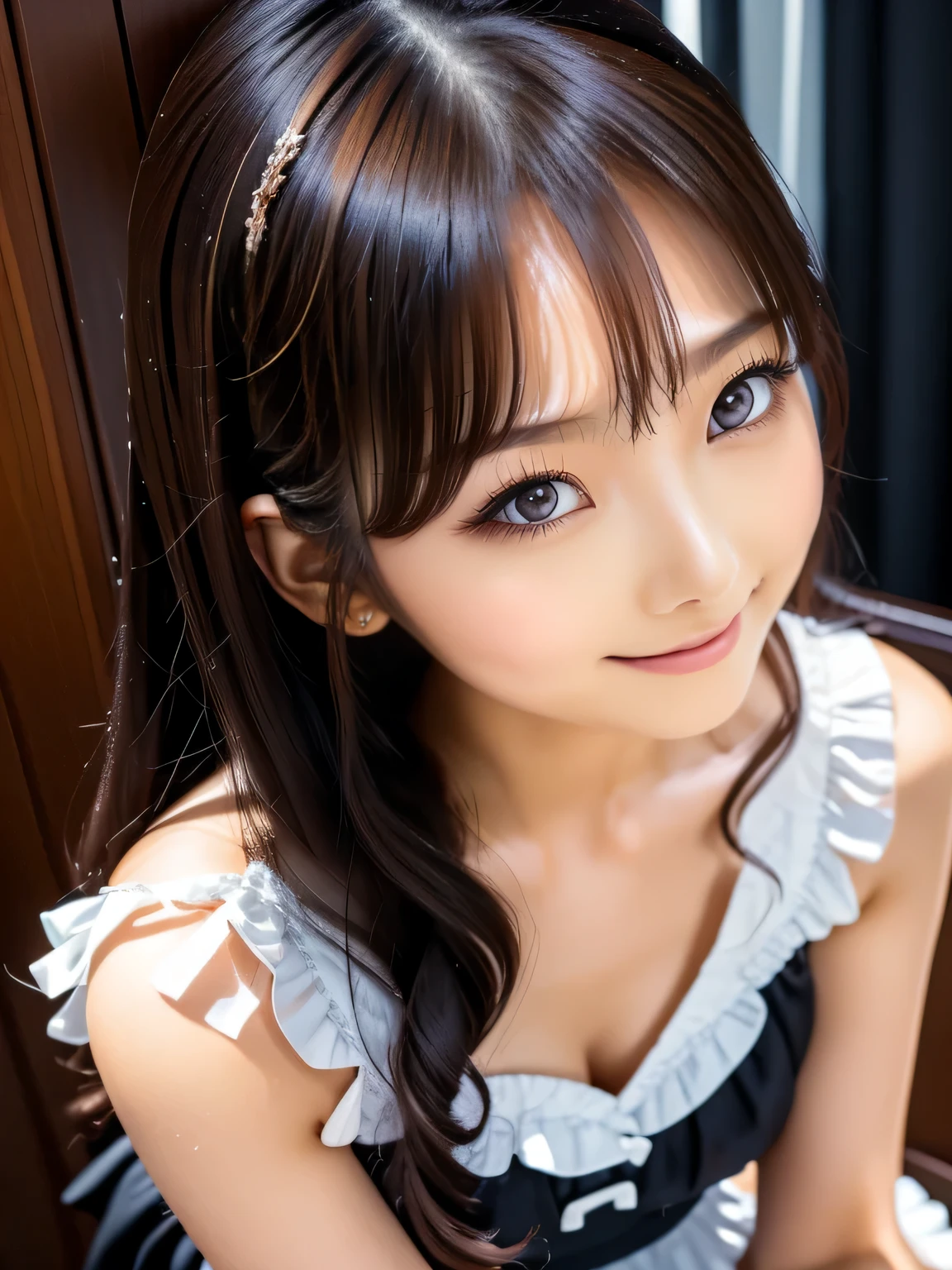 (Best Quality, High resolution, masutepiece:1.2), Ultra-detailed, (Photorealsitic:1.37), girl, wearing a maid outfit, Voluminous miniskirt and gentle smile, Show, with beautiful and detailed eyes, Detailed lips, a Pretty face, long eyelashes, Anime-style, Soft color palette, Lighting in warm tones, (Spread your legs and shoot from directly above)