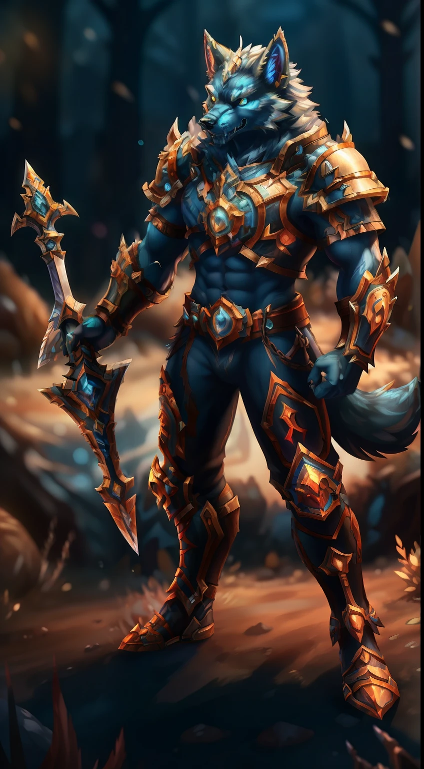arafed image of a male character with a sword and armor, world of warcraft art style, nasus, a minotaur wolf, warcraft blizzard weapon art, official splash art, wolf armor, heroes of the storm splash art, blizzard warcraft artwork, from world of warcraft, deathknight, fantasy hearthstone art style, blizzard hearthstone concept art, world of warcraft splash art