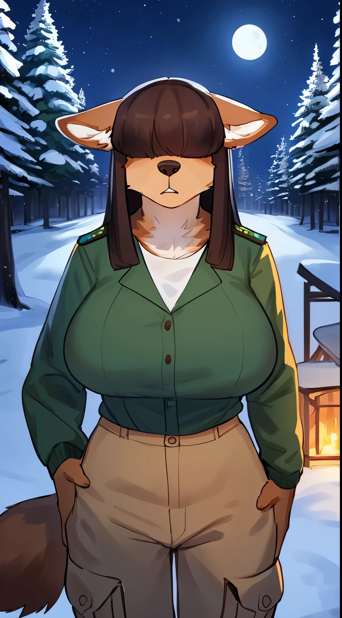 By bebebebebe, by lostgoose, by goonie-san, female, ((canine, snout, hair covering eyes, straight hair, medium hair, flat hair, ears, thin snout)), brown fur, big poofy tail, raised tail, dark maroon hair, (muscular, big breasts), solo, smiling, happy, standing, (park ranger uniform, tan uniform, green cargo pants), forest, (eyes in the forest), snow, snowing, night time, moon, ((dramatic lighting))
