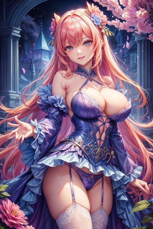 ((top-quality、8K、masterpiece:1.3)),high-level image quality、最high-level image quality、top-quality、hiquality、slenderbody、Beautiful feceボディーライン、Beautiful fece女性、Colossal tits、Sexy style、Insist cleavage、Boob emphasis、(1girl in:1.4)、ultra-detailliert、Beautiful and aesthetic、Beautiful fece、masterpiece、Show off your cleavage、Huge chest chest)、(garterbelts、sheer bondage costume)、Beautiful fece女性は, (medium length yellow hair), Detailed huge breasts, Lovely smile, (Warm colors), moist, moist, Reflectors, (masutepiece) 、(Best Quality) (Detailed) , (8K) (Studio Lighting) (Convoluted) , ((Flower arch so magical and dreamy)), opulent, ethereal fairy tale, Rich pastel color palette, Ethereal dreamy theme, dreamy and detailed, The setting of a fairy tale:, (((building with many flowers)))、anime fantasy artwork, anime fantasy illustration, Beautiful feceアートワークのイラスト, Beautiful feceアニメアートwork, elaborate digital art, Convolutedな華やかなアニメCGIスタイル, anime art nouveau cosmic display, Beautiful feceアニメアート, Beautiful feceデジタル芸術作品, Beautiful feceファンタジーアニメ, Detailed anime artwork, Detailed Digital Anime Art, dreamy psychedelic anime、(Sheer sexy underwear)、(sheer underwear)、Beautiful fece表現、Beautiful fece乳房、A detailed eye、Clearly eye-catching, beautiful and alluring、Beautiful fece目、Narrow waist、Beautiful fece白い肌、red rip、((lots of flower hair ornaments))