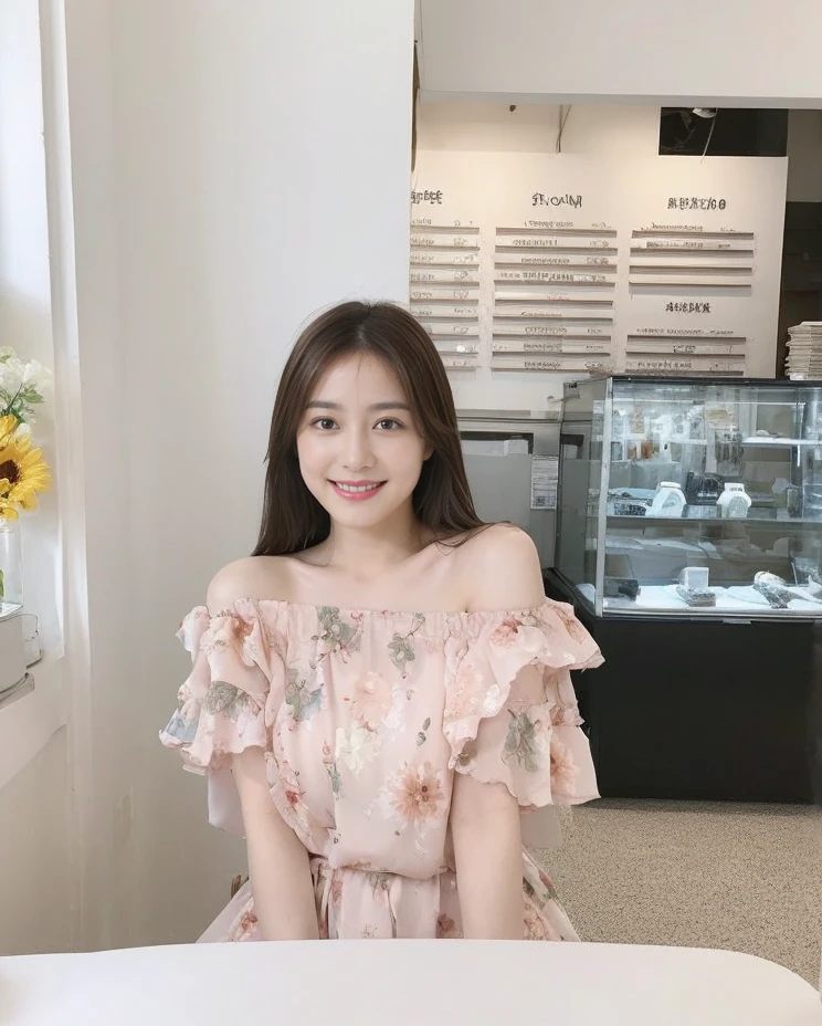 (On a table, Best quality, realistically, ultra - detailed, meticuloso, A high resolution, 8k wallpaper), Close-up portrait of a beautiful woman, Chariada, Smiling, light brown messy hair, Perfect dynamic composition, 美丽meticuloso的眼睛, Just like the cover of a fashion magazine, On campus