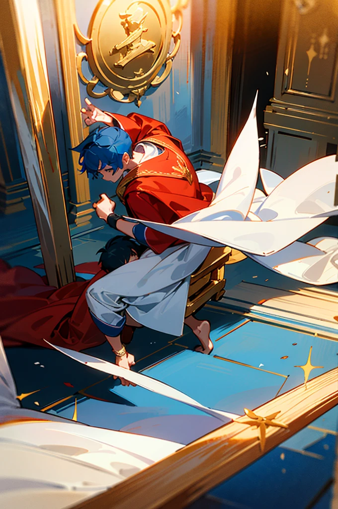 3boysl,Two young boys used the temple as a fighting arena,A blue hair、wearing red robe、A boy wearing a white cloak sits on a golden wooden chair and plays House of Flying Daggers.,