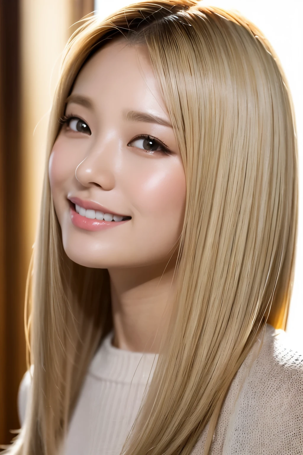 top-quality, 8K, ​masterpiece, femele, A smile, Look at viewers, foco nítido, Light beige hair color, bob cuts, dishevled hair, Highly detailed face and skin and hair texture, A detailed eye, 二重まぶた, de pele branca, beautiful delicate nose, かわいい若いfemele, 27yo, With dynamic angles, I can feel the happiness, Characterized by calm tones and contrast between light and shadow.