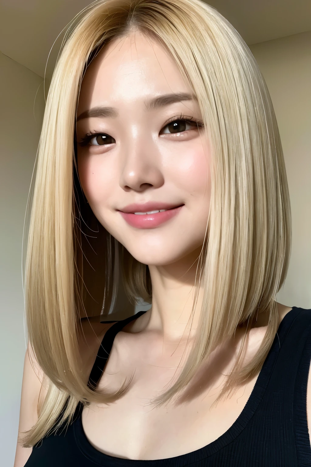 top-quality, 8K, ​masterpiece, femele, A smile, Look at viewers, foco nítido, Light beige hair color, bob cuts, dishevled hair, Highly detailed face and skin and hair texture, A detailed eye, 二重まぶた, de pele branca, beautiful delicate nose, かわいい若いfemele, 27yo, With dynamic angles, I can feel the happiness, Characterized by calm tones and contrast between light and shadow.