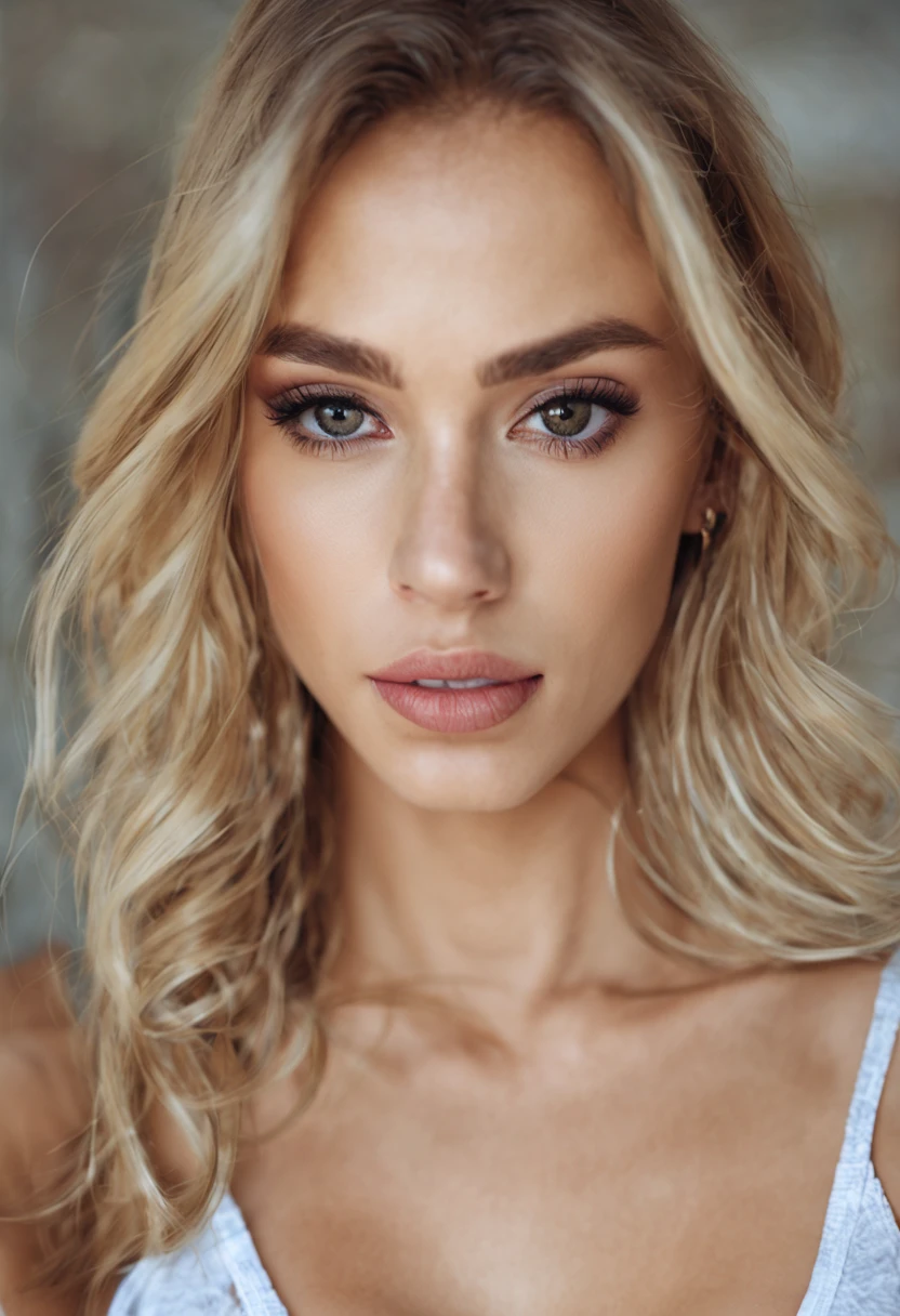 oman with matching tank top and panties, fille sexy aux yeux bleus, Portrait Sophie Mudd, Portrait de Corinna Kopf, cheveux blonds et grands yeux, selfie of a young woman, ohne Maquillage, maquillage naturel, Look directly into the camera, Visage avec Artgram, dezentes Maquillage, Superbe photo du corps entier, dans la chambre, gros seins, Blonde, Latin