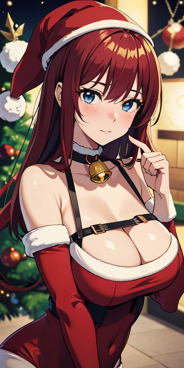 anime girl in santa outfit with bell and christmas hat, red hair, blue eyes, shy blushing facial expression, slender body, oppai, ecchi, ecchi anime style, seductive anime girl, pixiv 3d cg, at pixiv, pixiv, top rated on pixiv, made from cg animation studio, based from promo art by onigiri kun, christmas decorations background, matured woman, 8k!, shiori arima