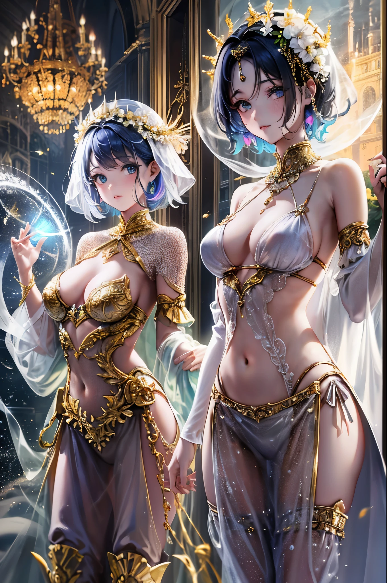 (piece of master), (alta qualidade), ((duas mulheres)), (pele perfeita), perfectly proportions, wearing translucent, flowing robes, finds itself in a paradisiacal bar immersed in soft lights.-( Clothes:Suas roupas devem ser feitas com luz (translucent), ((translucent fabric), roupas de ninfas, deusas ninfas.) , sexy, , (observe os mamilos), (Poses: sentados um em frente ao outro, sentado em uma mesa de bar, copos e garrafas de vinho fino, Vinícombiente: festivo, Friends Reunion, calm and peaceful), (The lighting: luz espacial, luz colorida,), (prix: the background of the scene shows outer space, estrelas pontilhadas, apenas colunas , sem paredes.)(short hair), (rainbow hair) , (tipo, complicit look),(efeito tyndall),(etherial lighting) --auto --s2