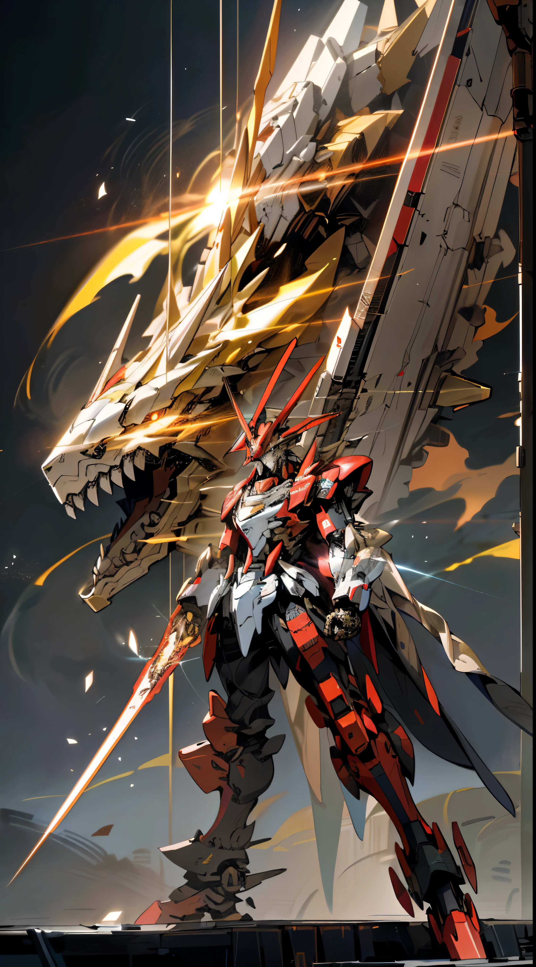 hyper realisitc, ray traycing, hyper HD, high detal, 8K, Best quality, ctextured skin, (1 高达mechs), mechs dragon, tmasterpiece, Best quality, mechs, There is no homosexuality in the human body), (白色mechs: 1.5), (axis travel: 1.4), (HighDynamicRange), (Cinematic lighting lighting: 1.1), White eyes, Cool, scientific fiction, Fiery, Laser cannon beam, big breasts and big breasts, conflict, (a drogon mechs behind gundam mechs in background) , (with huge weapons: 1.5), Holding a huge shield, mechs men, vector