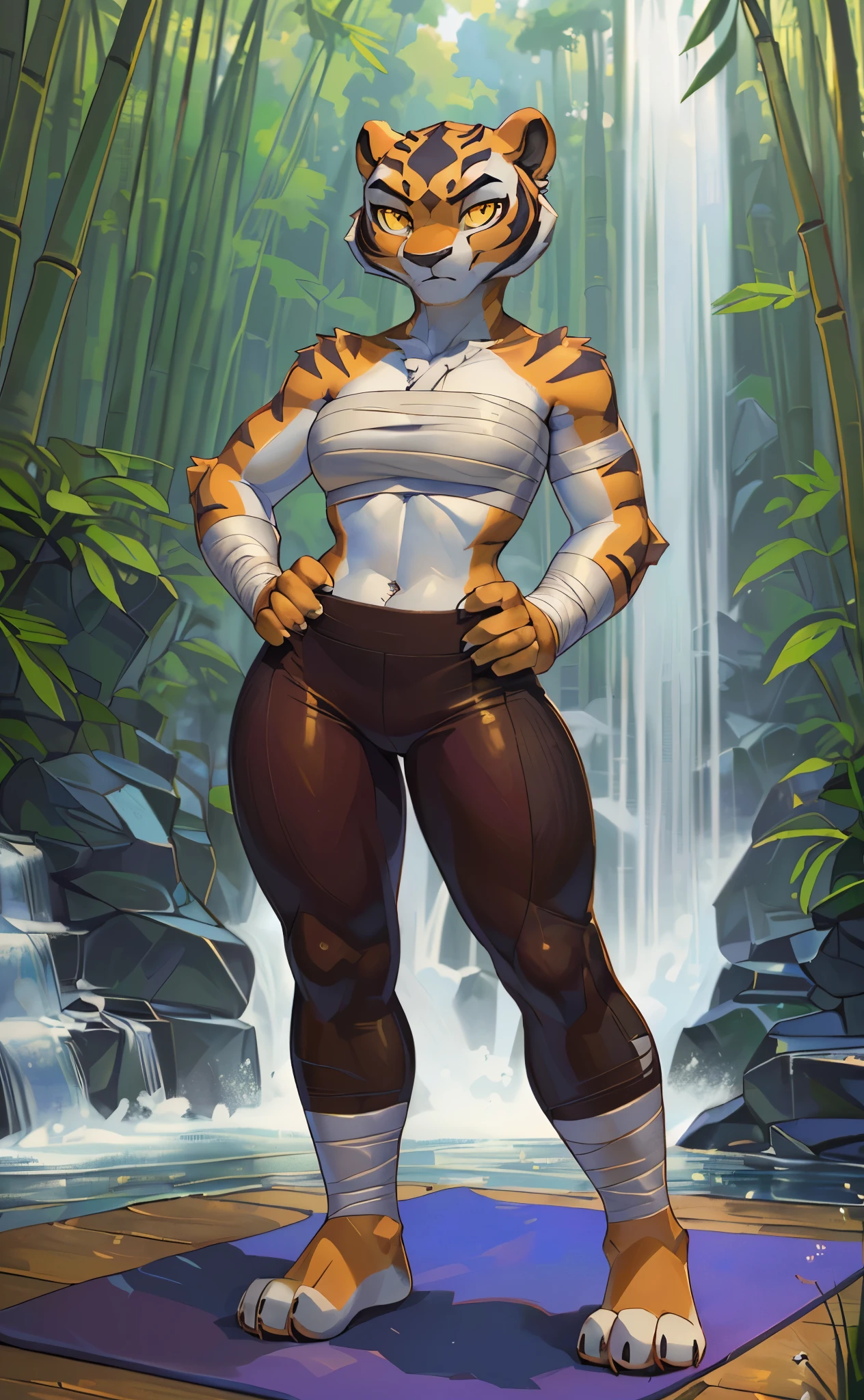 [master tigress], [Uploaded to e621.net; (Pixelsketcher), (wamudraws)], ((masterpiece)), ((HD)), ((solo portrait)), ((full body)), ((front view)), ((feet visible)), ((furry; anthro)), ((detailed fur)), ((detailed shading)), ((beautiful render art)), ((intricate details)), {anthro tiger; (orange fur), ((black stripelack nose, (cute yellow eyes), (short eyelashes), (curvy hipeautiful legeautiful pawpressionless)}, {(white bandage bandeau), (bandages a-crossed chest), (red yoga pants)}, {(on yoga mat), (standing), (hands on hip), (looking at viewer)}, [background; (bamboo forest), (waterfall), (fog), (blue sky), (cloudy)]