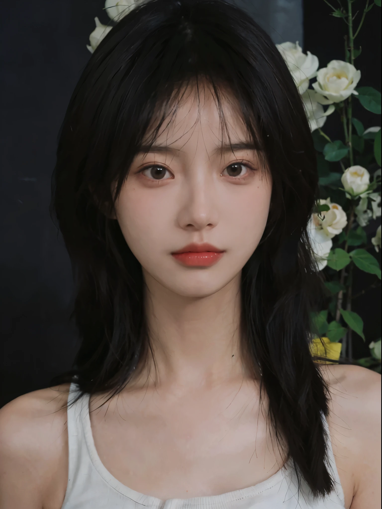 super high image quality,8K,Close-up of a woman with long straight hair and white tank top, jinyoung shin, Cute and delicate face, Urzans, beautiful Korean women, author:Against the sky, author:Zhang Han, xintong chen, Korean girls, young and lovely Asian face, by Ye Xin, beautiful young korean woman, Beautiful and delicate face, ruan jia beautiful!, Avatar avatar